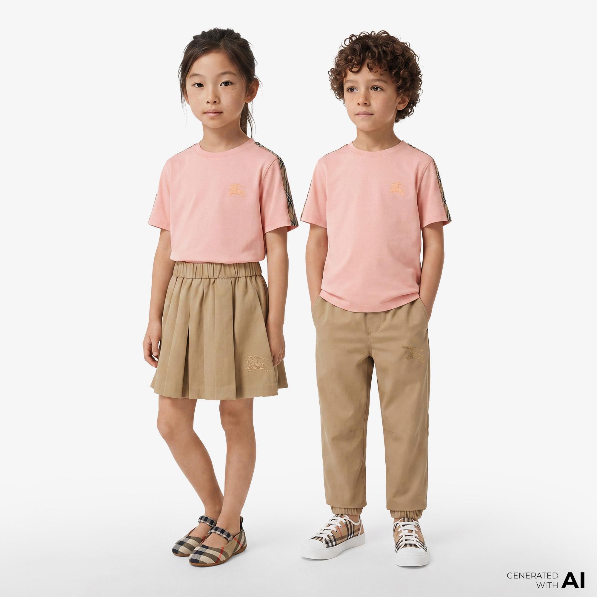 Burberry Cedar Tape Check Trim Cotton Çocuk Pembe T-Shirt
