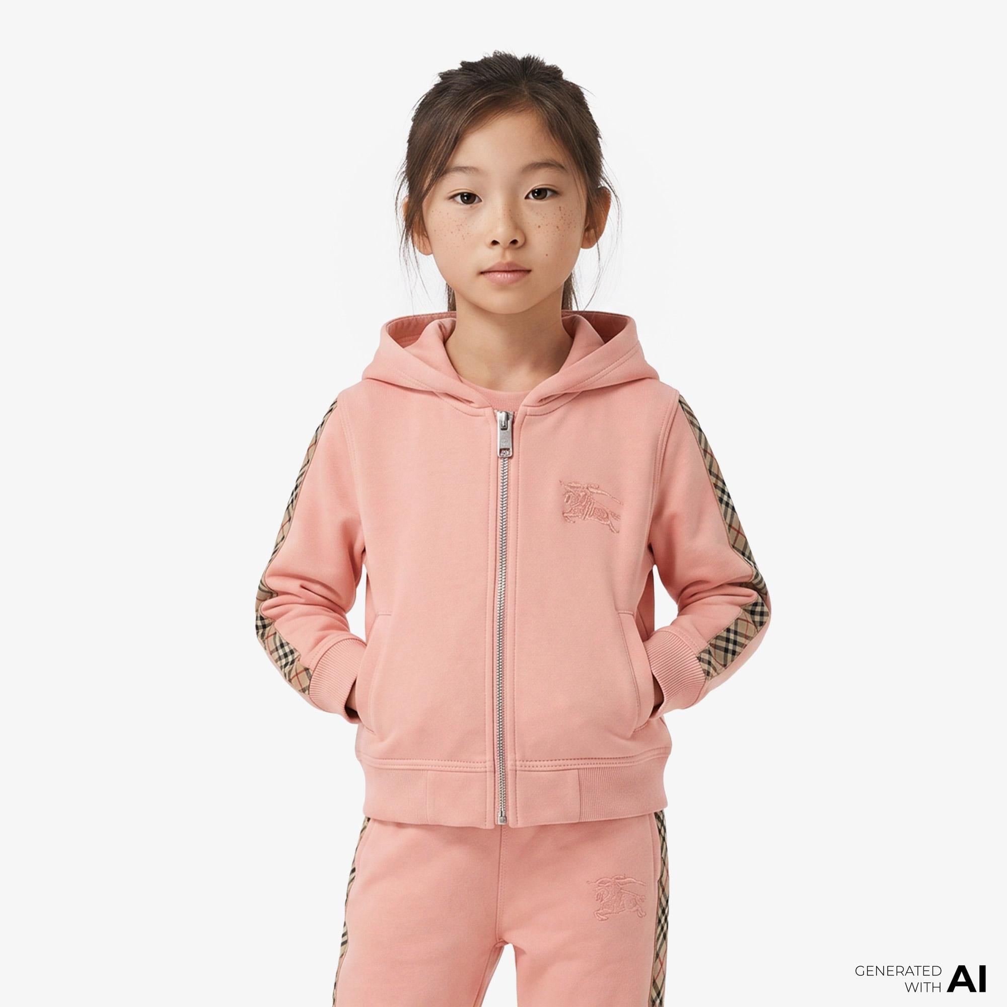 Burberry Elin Check Trim Cotton Çocuk Pembe Hoodie