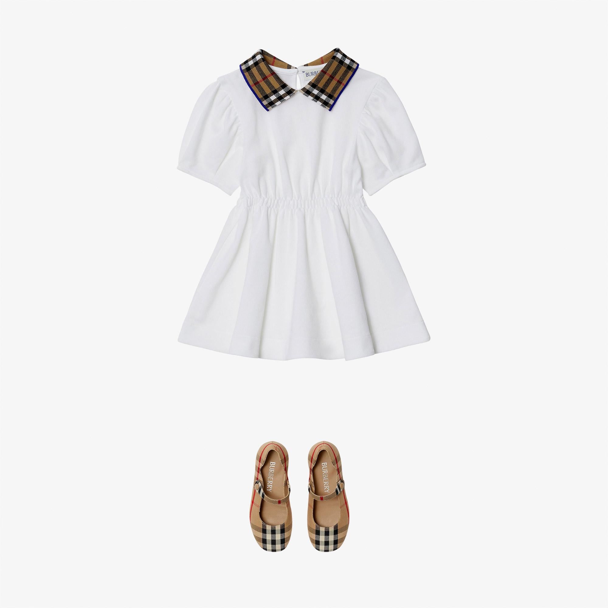 Burberry Check Collar Pamuklu Çocuk Beyaz Elbise