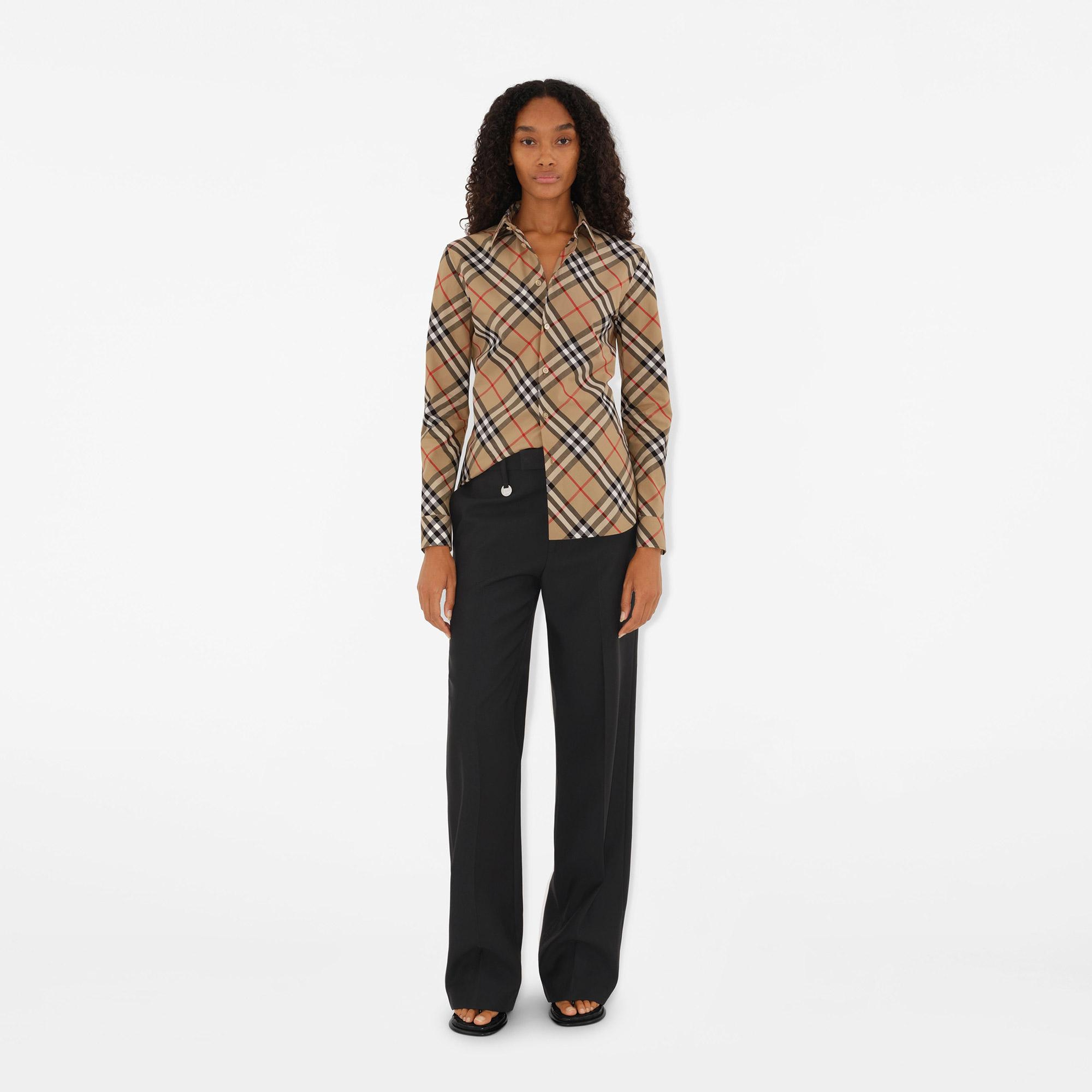 Burberry Slim Fit Check Pamuklu Kadın Bej Gömlek