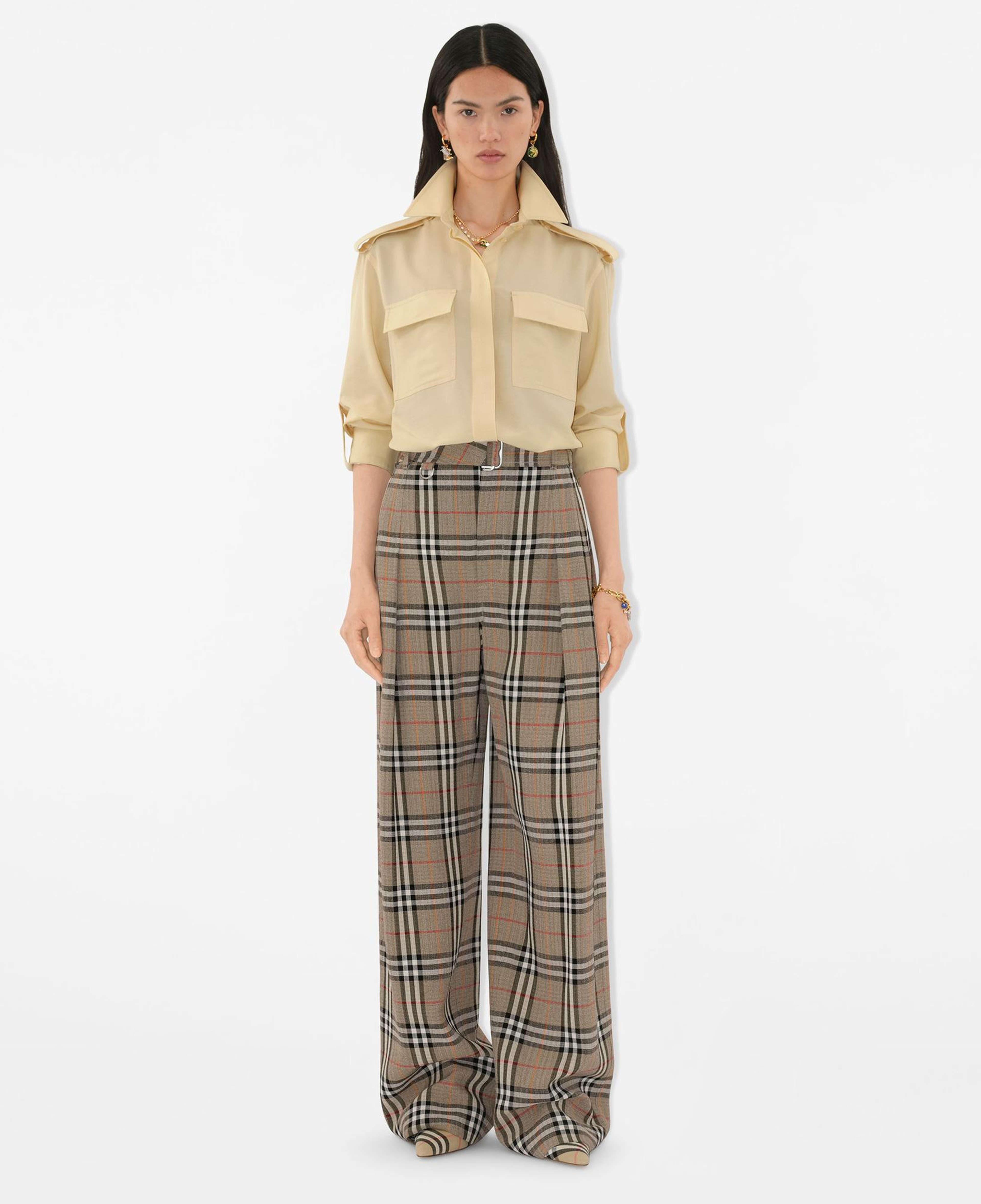 Burberry Check Silk Blend Belted Kadın Bej Pantolon