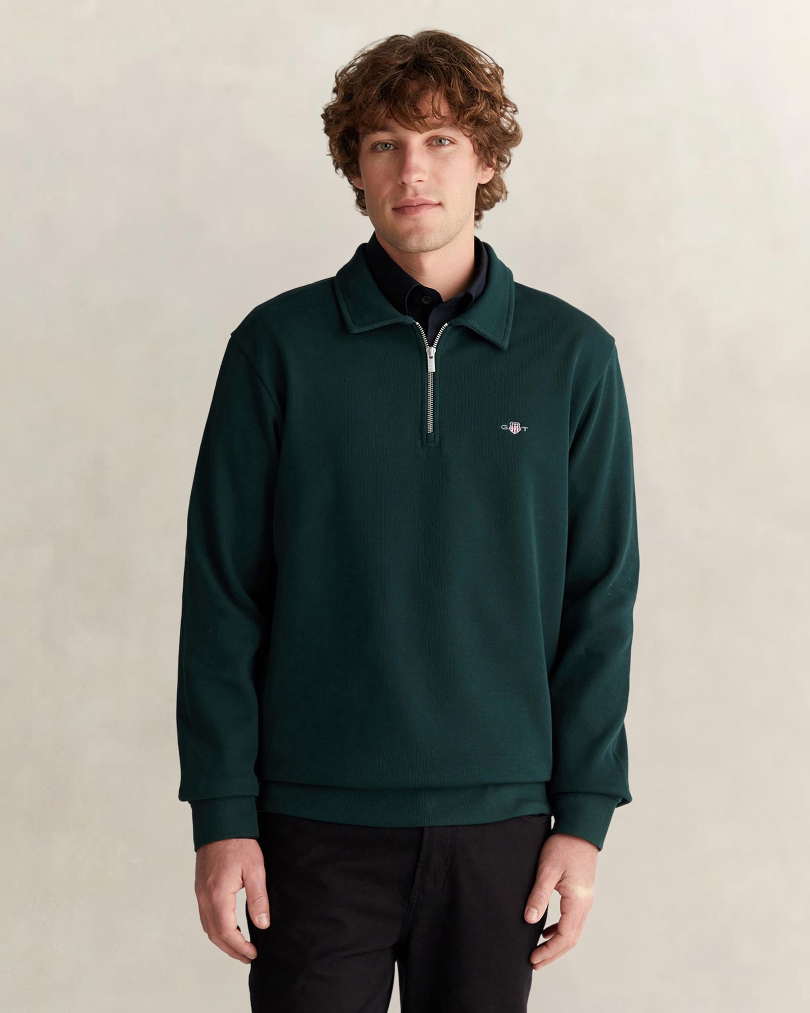 GANT Erkek Yeşil Regular Fit Yarım Fermuarlı Logolu Sweatshirt