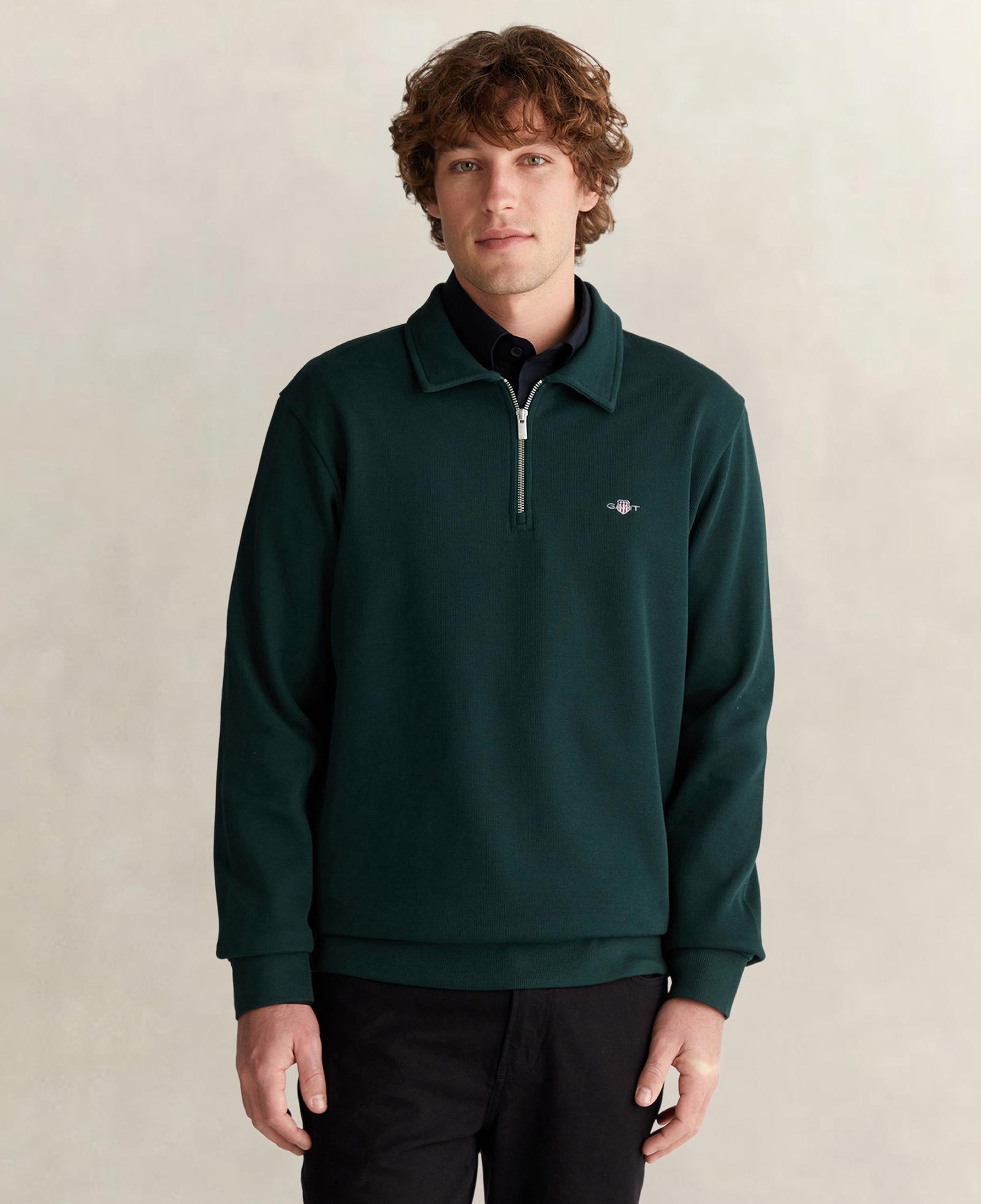 GANT Erkek Yeşil Regular Fit Yarım Fermuarlı Logolu Sweatshirt