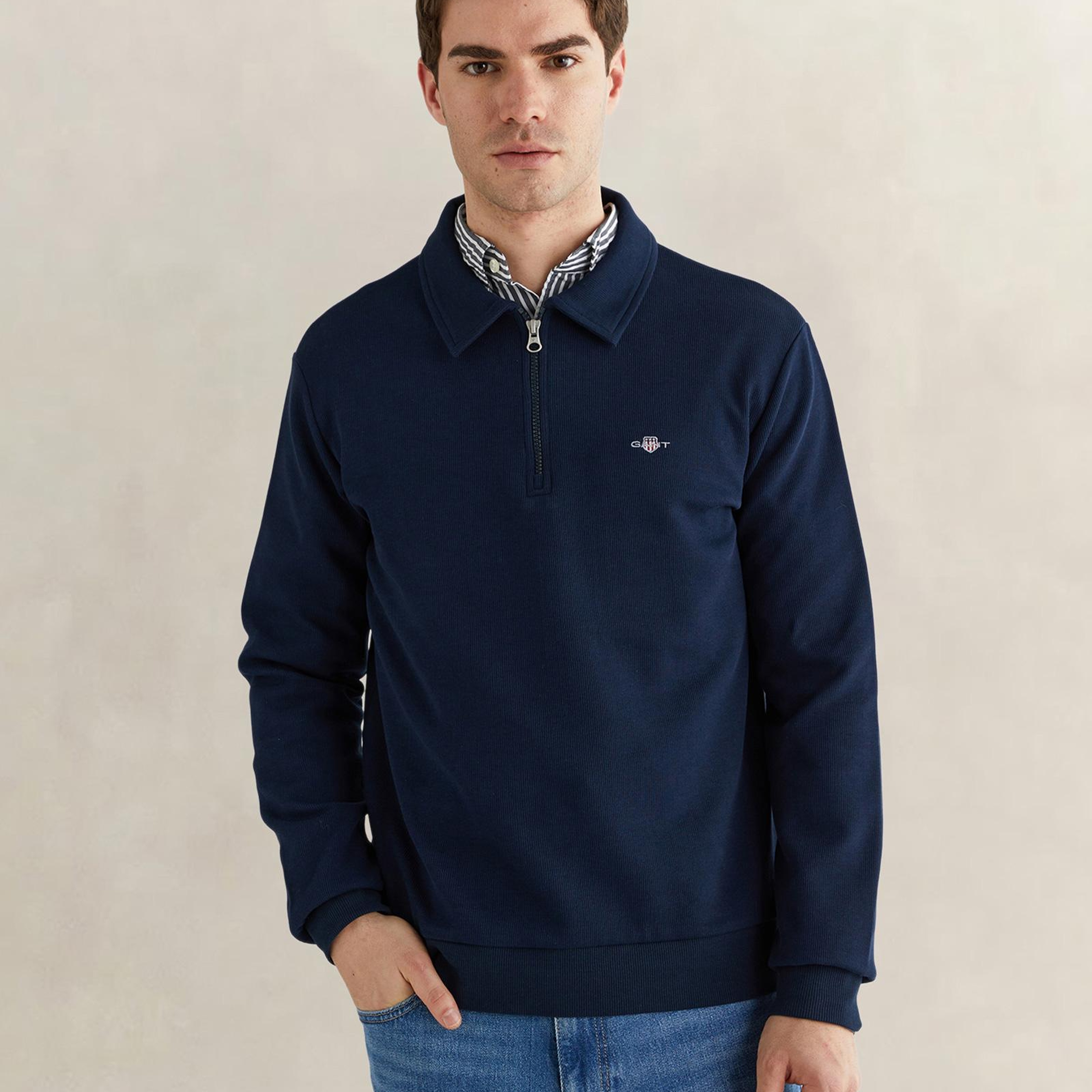 GANT Erkek Lacivert Regular Fit Yarım Fermuarlı Logolu Sweatshirt