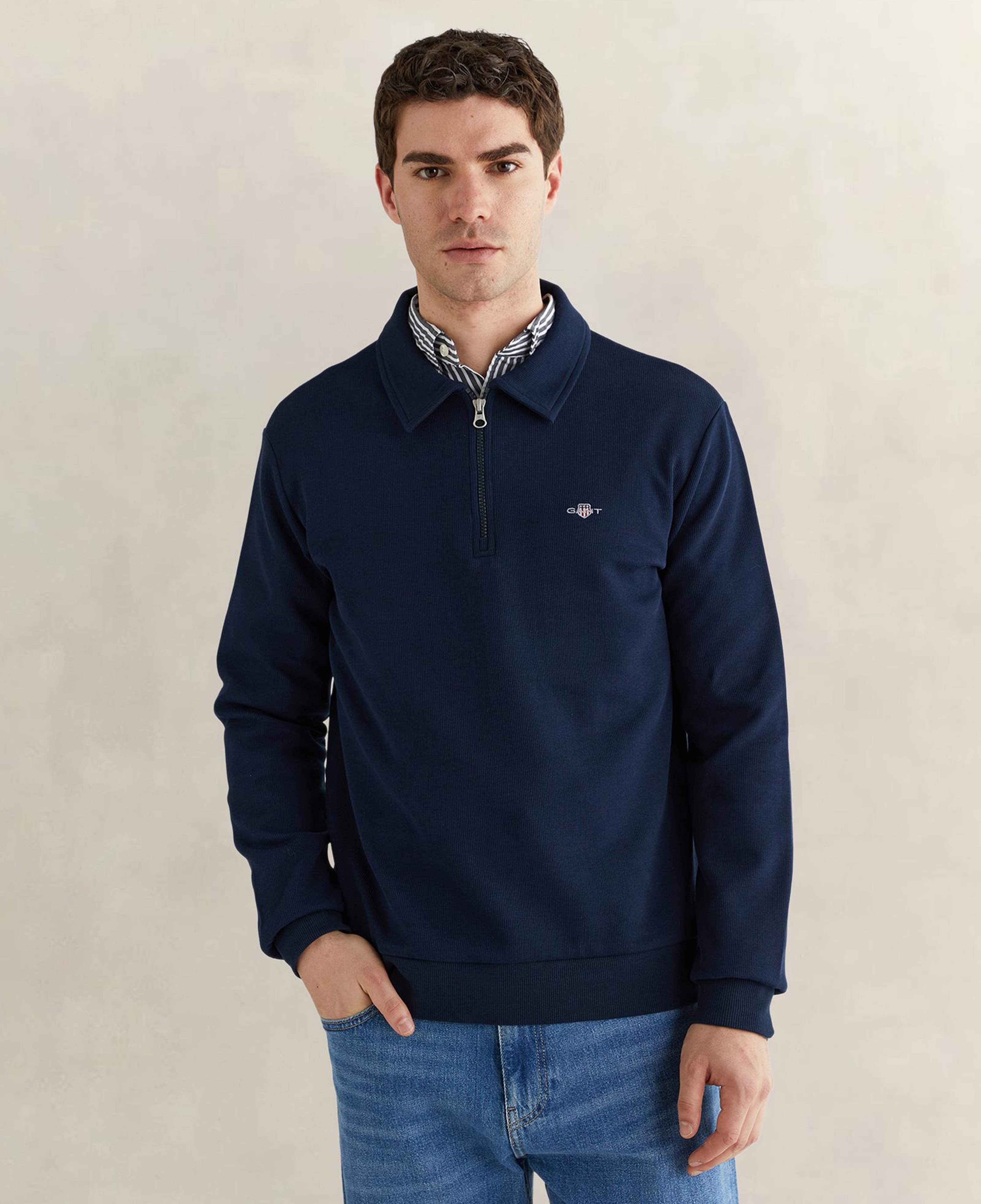 GANT Erkek Lacivert Regular Fit Yarım Fermuarlı Logolu Sweatshirt
