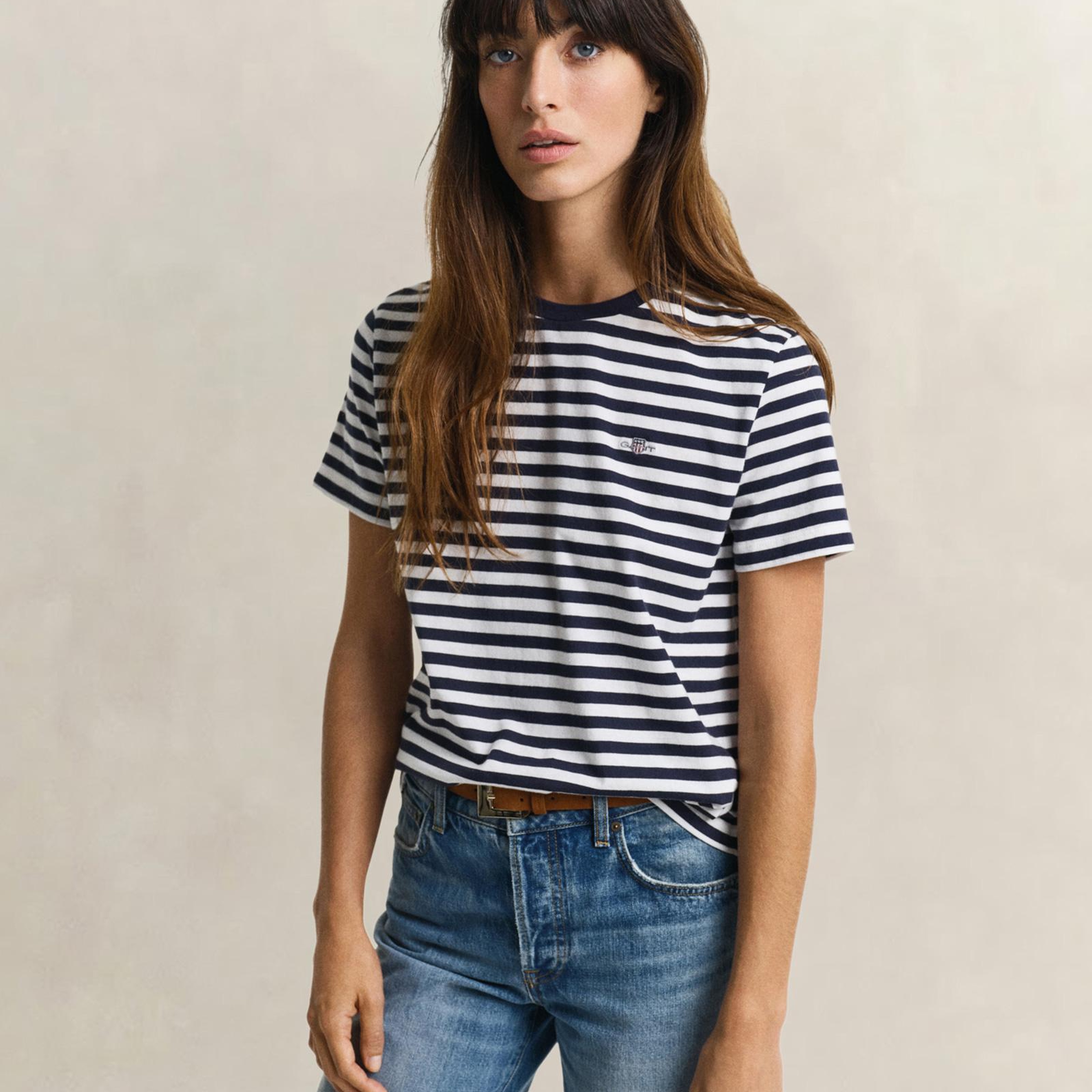 GANT Kadın Lacivert Bisiklet Yaka Regular Fit Çizgili T-Shirt