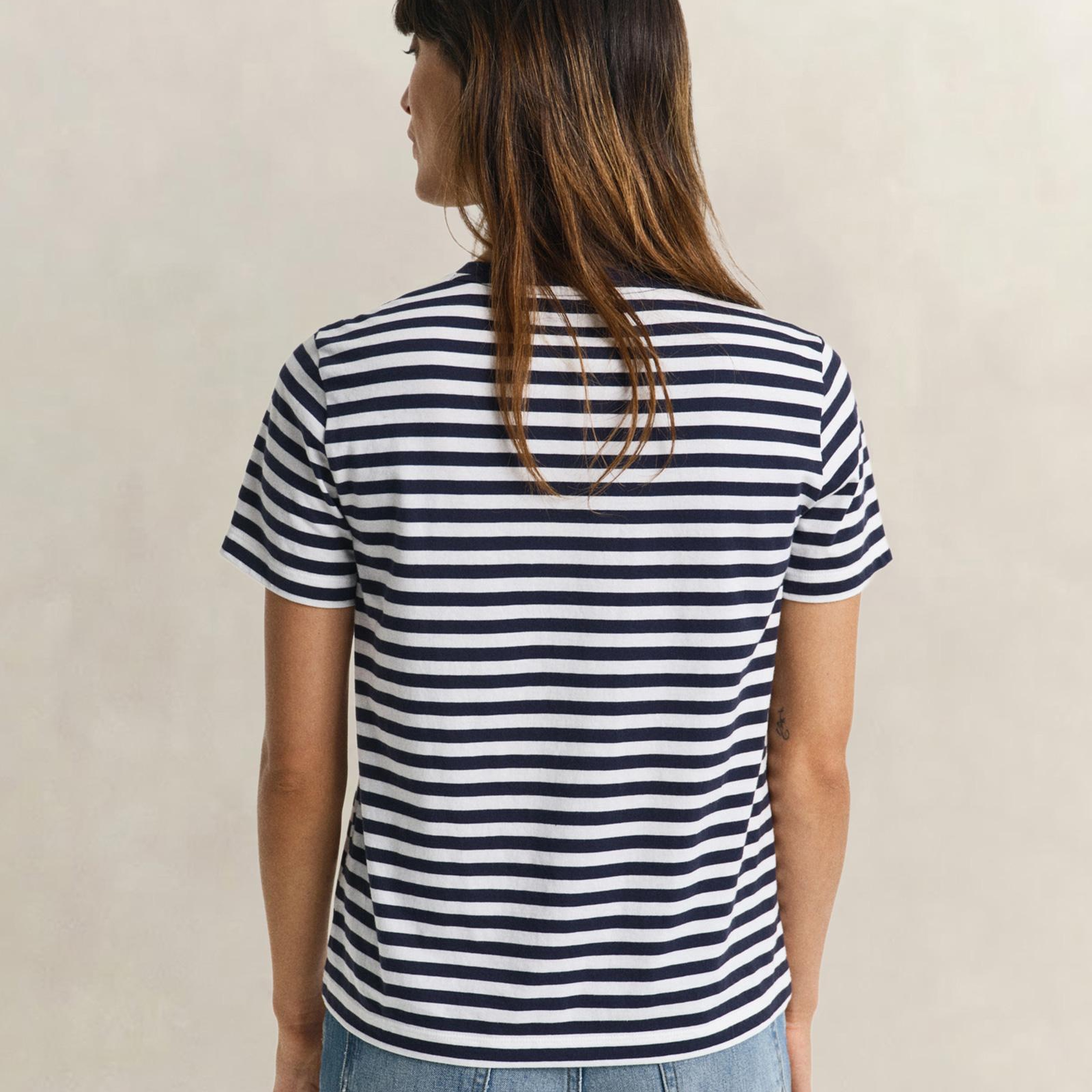 GANT Kadın Lacivert Bisiklet Yaka Regular Fit Çizgili T-Shirt