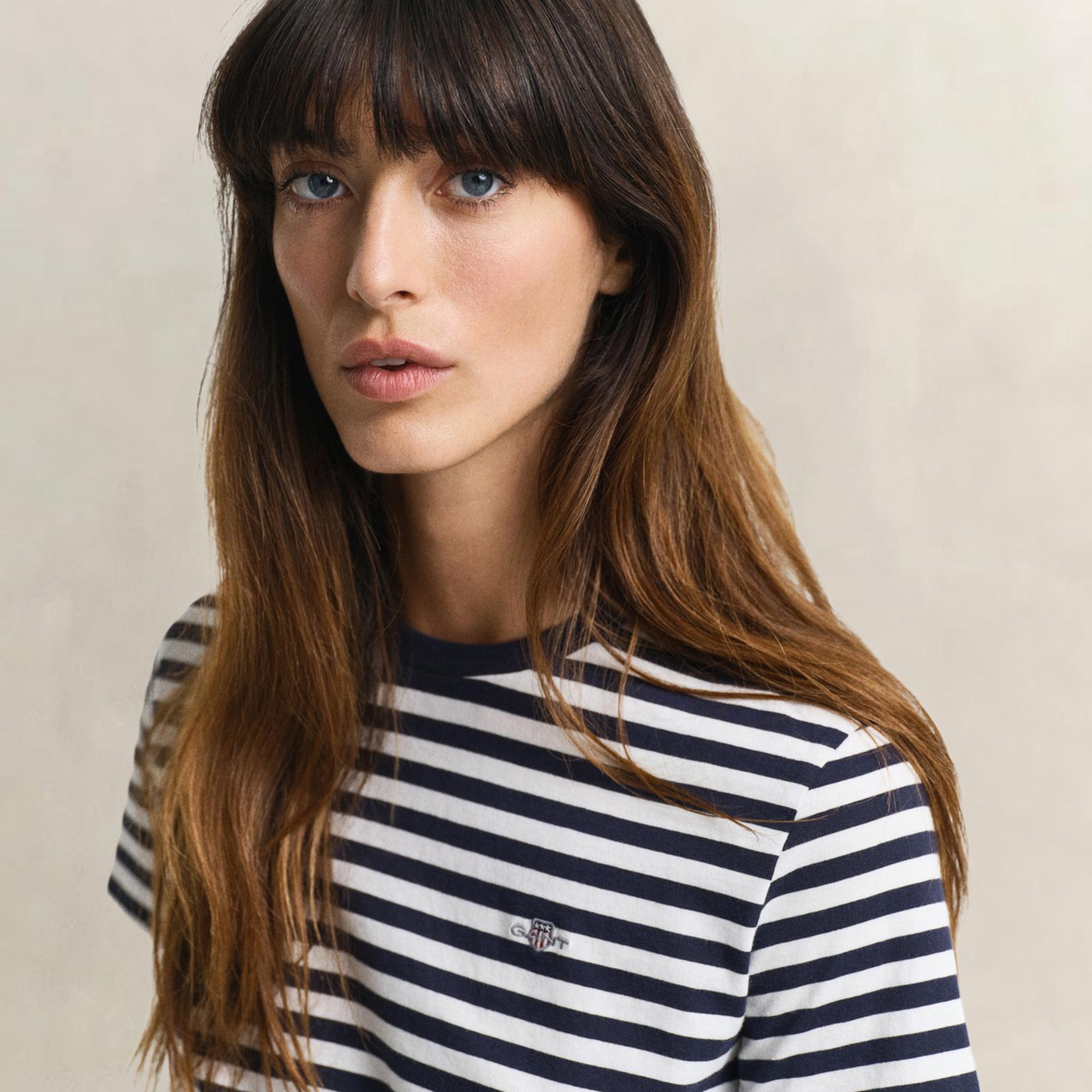 GANT Kadın Lacivert Bisiklet Yaka Regular Fit Çizgili T-Shirt