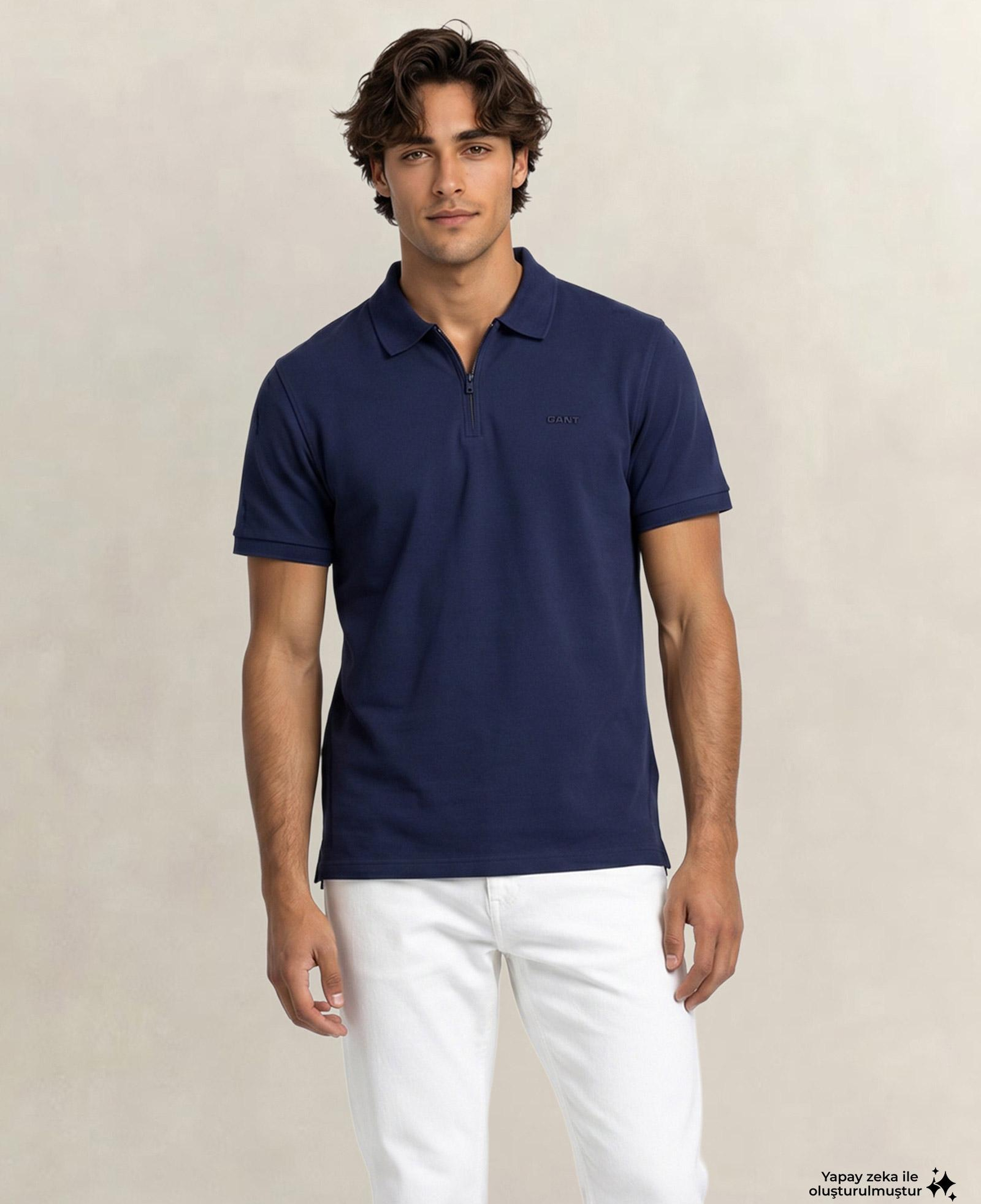 GANT Erkek Lacivert Regular Fit Yarım Fermuarlı Polo Yaka T-Shirt