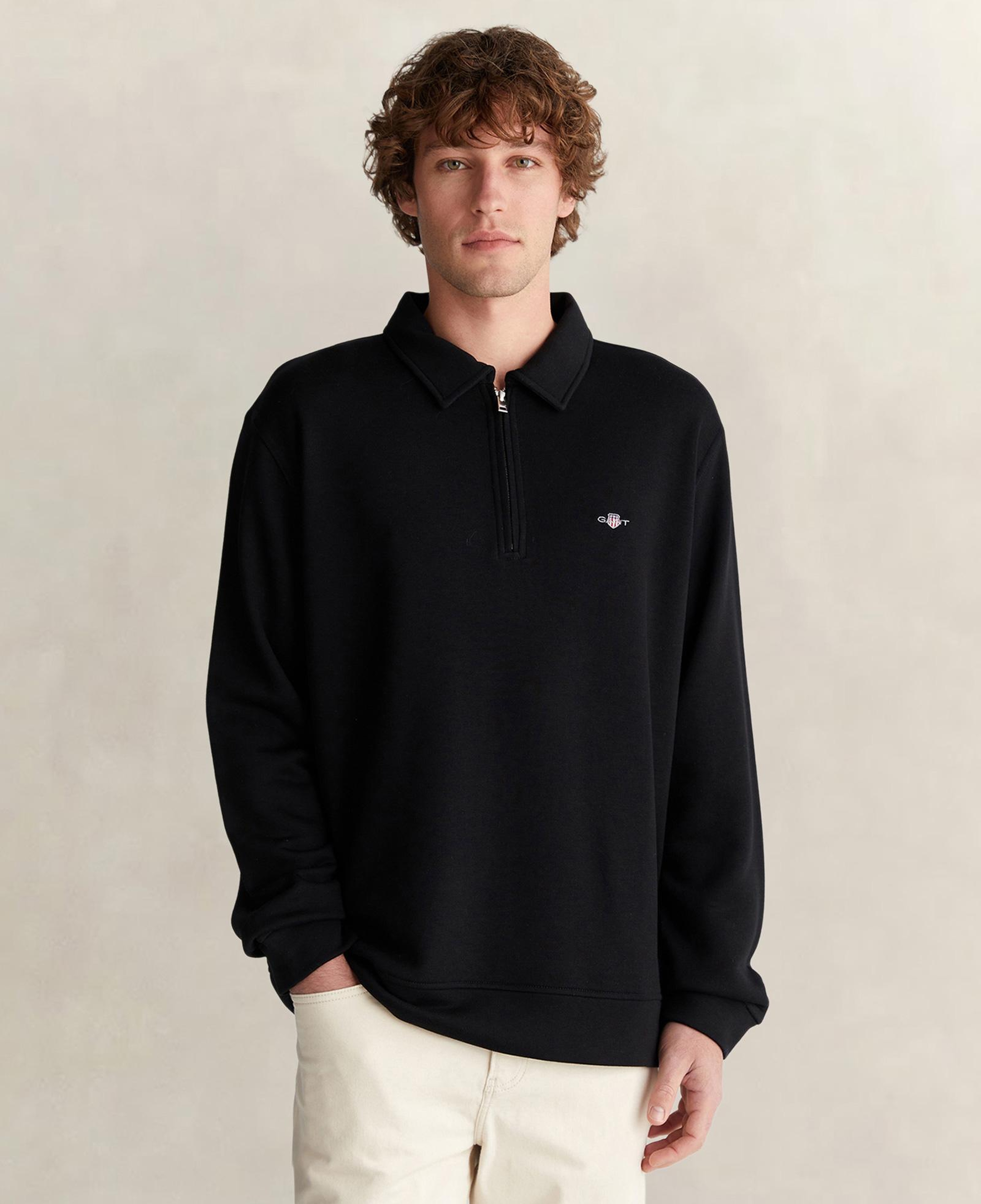 GANT Erkek Siyah Relaxed Fit Yarım Fermuarlı Logolu Sweatshirt