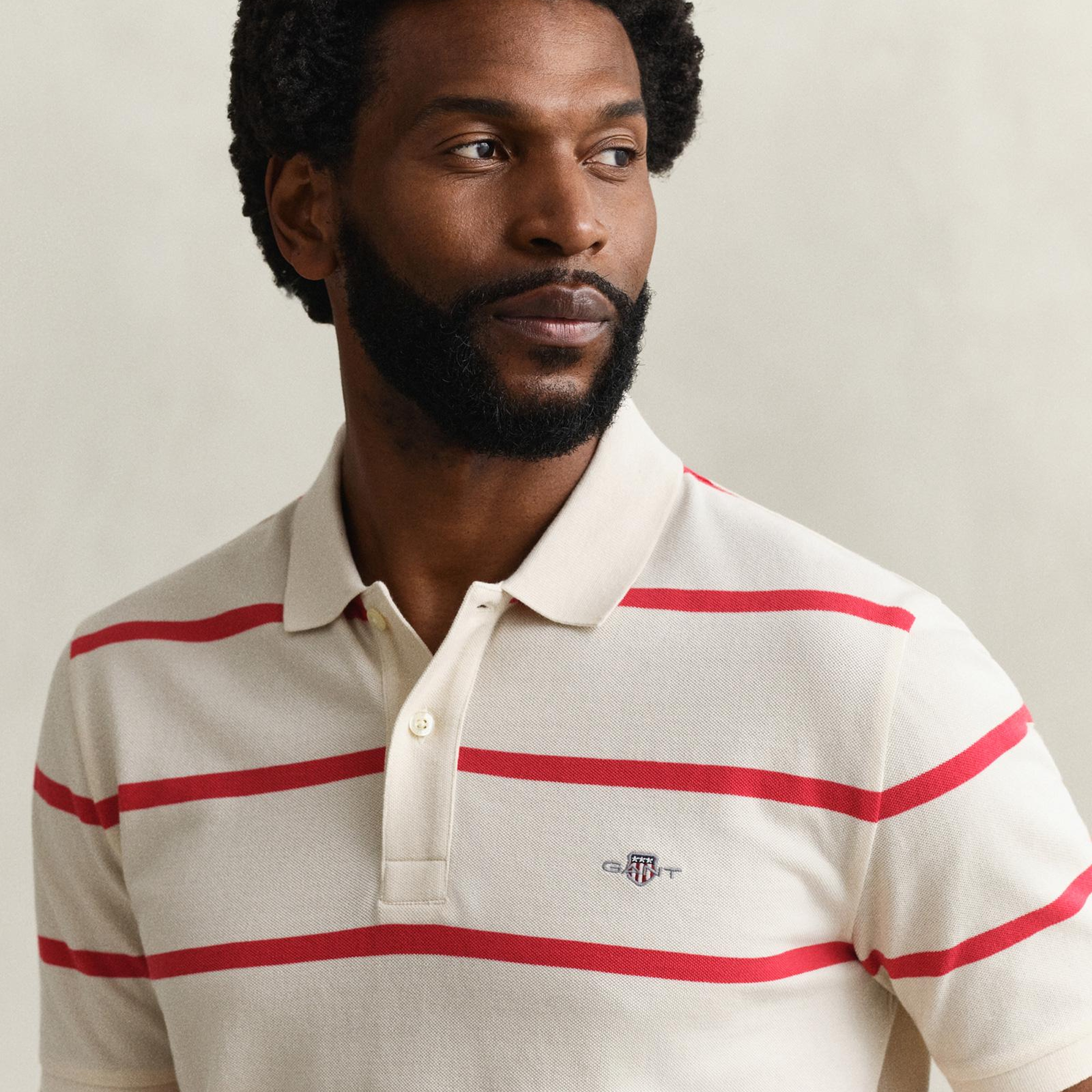 GANT Erkek Krem Regular Fit Çizgili Logolu Polo Yaka T-Shirt