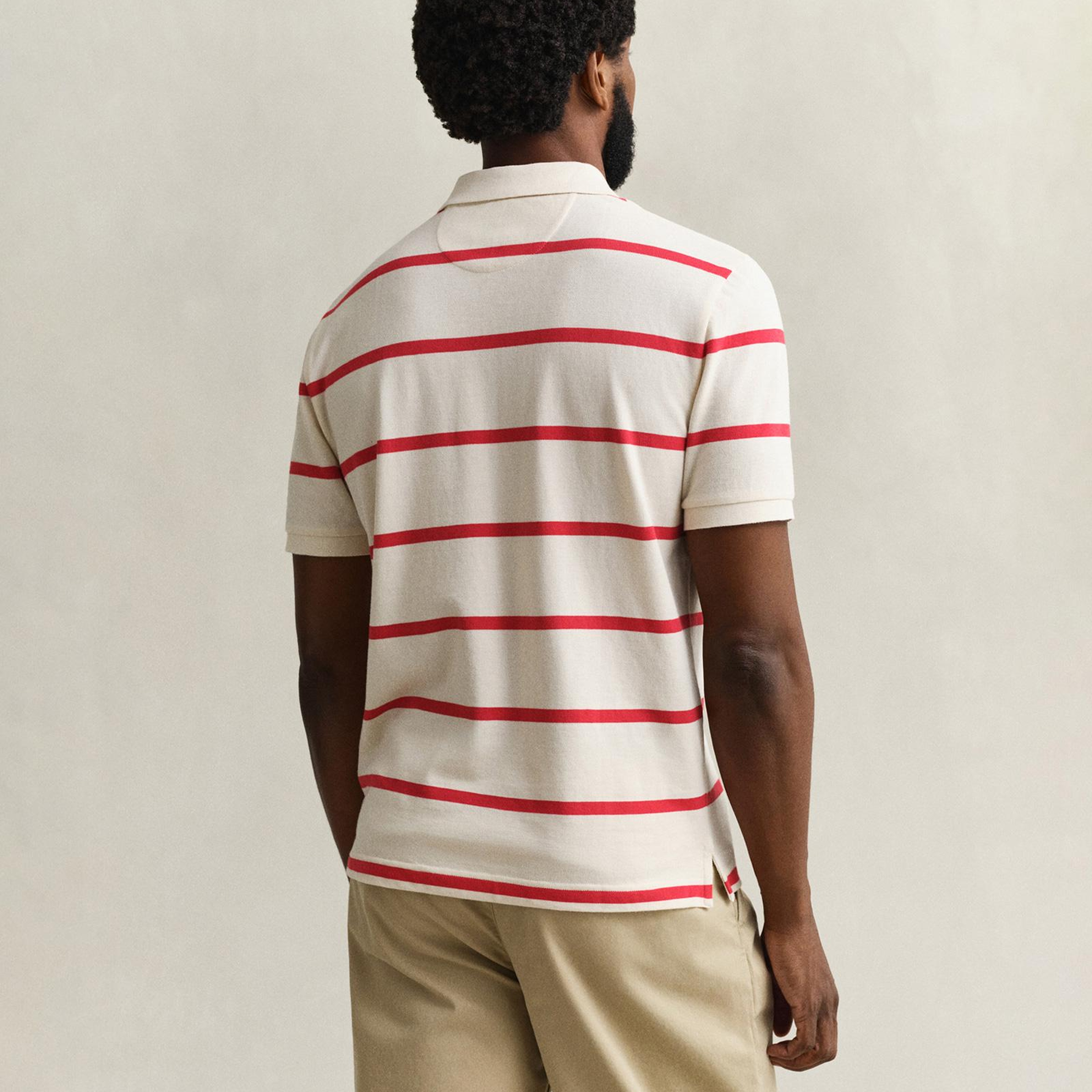 GANT Erkek Krem Regular Fit Çizgili Logolu Polo Yaka T-Shirt
