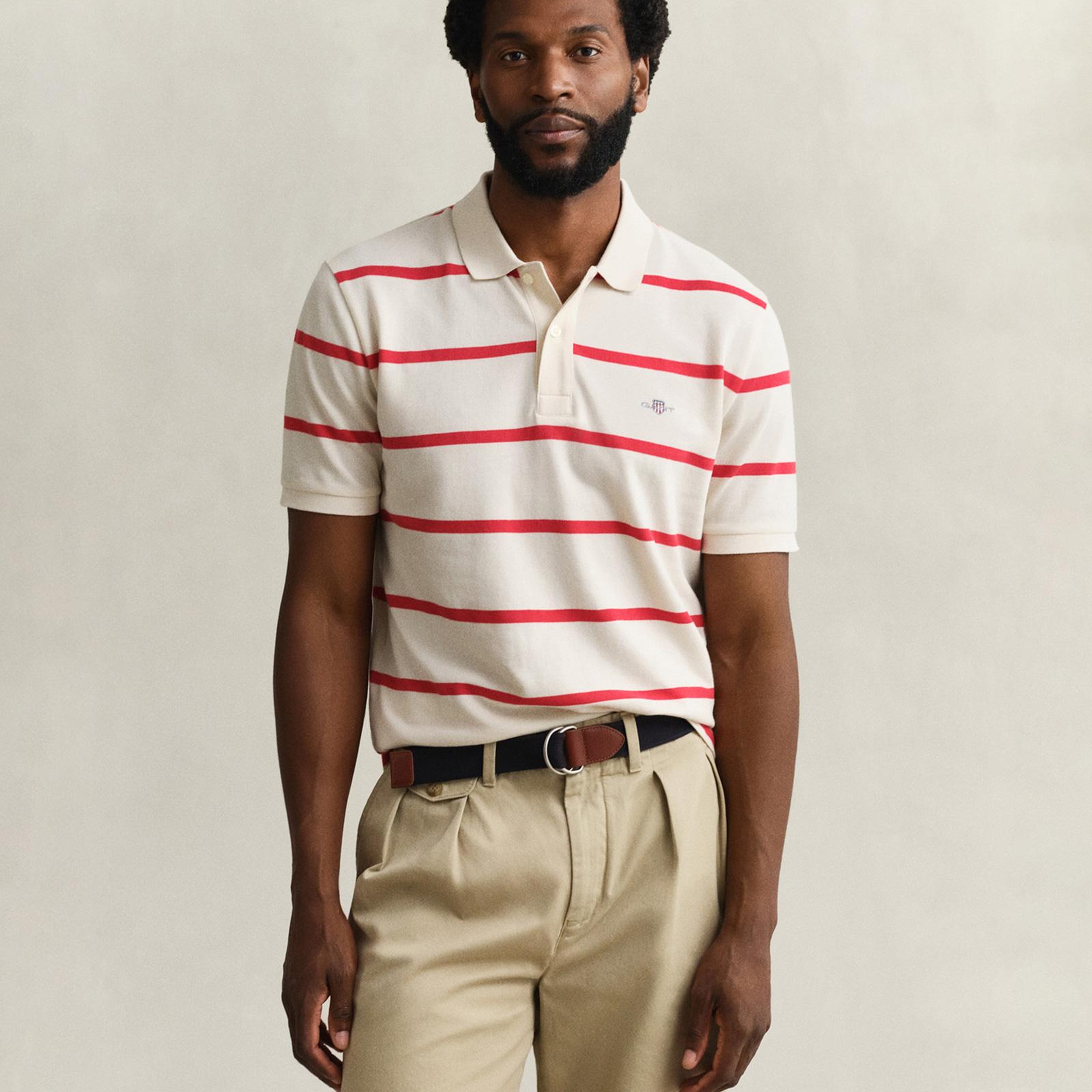 GANT Erkek Krem Regular Fit Çizgili Logolu Polo Yaka T-Shirt