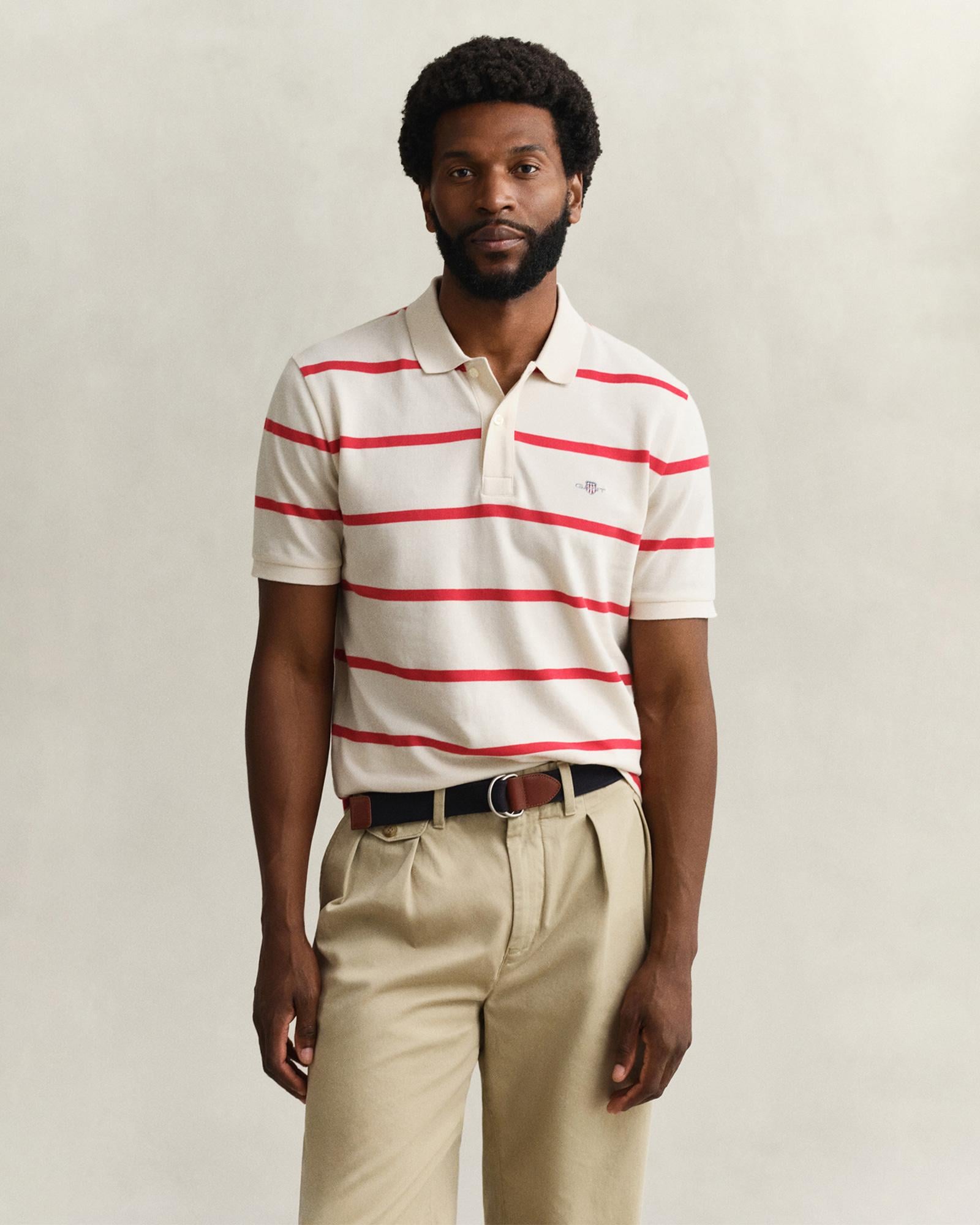 GANT Erkek Krem Regular Fit Çizgili Logolu Polo Yaka T-Shirt