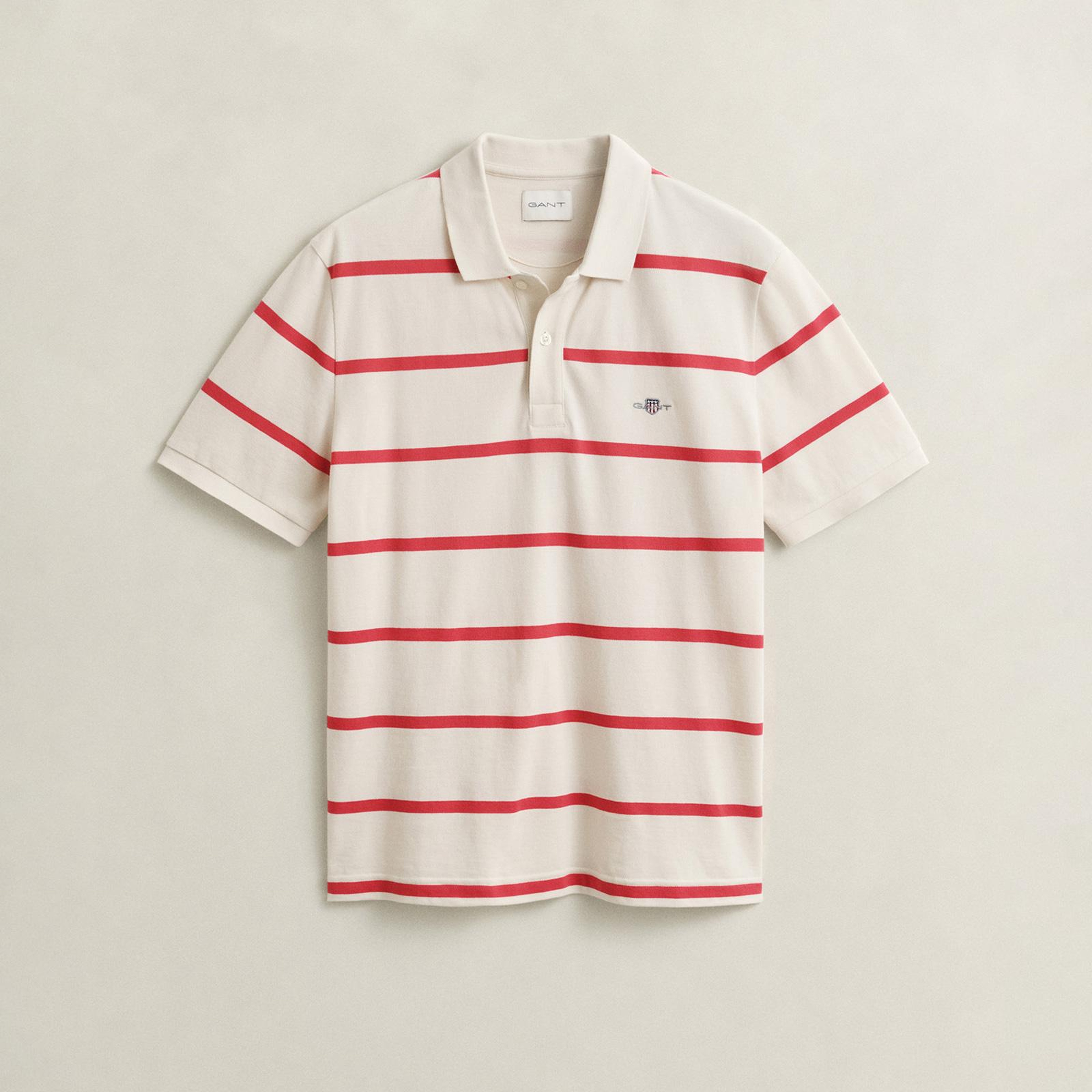 GANT Erkek Krem Regular Fit Çizgili Logolu Polo Yaka T-Shirt