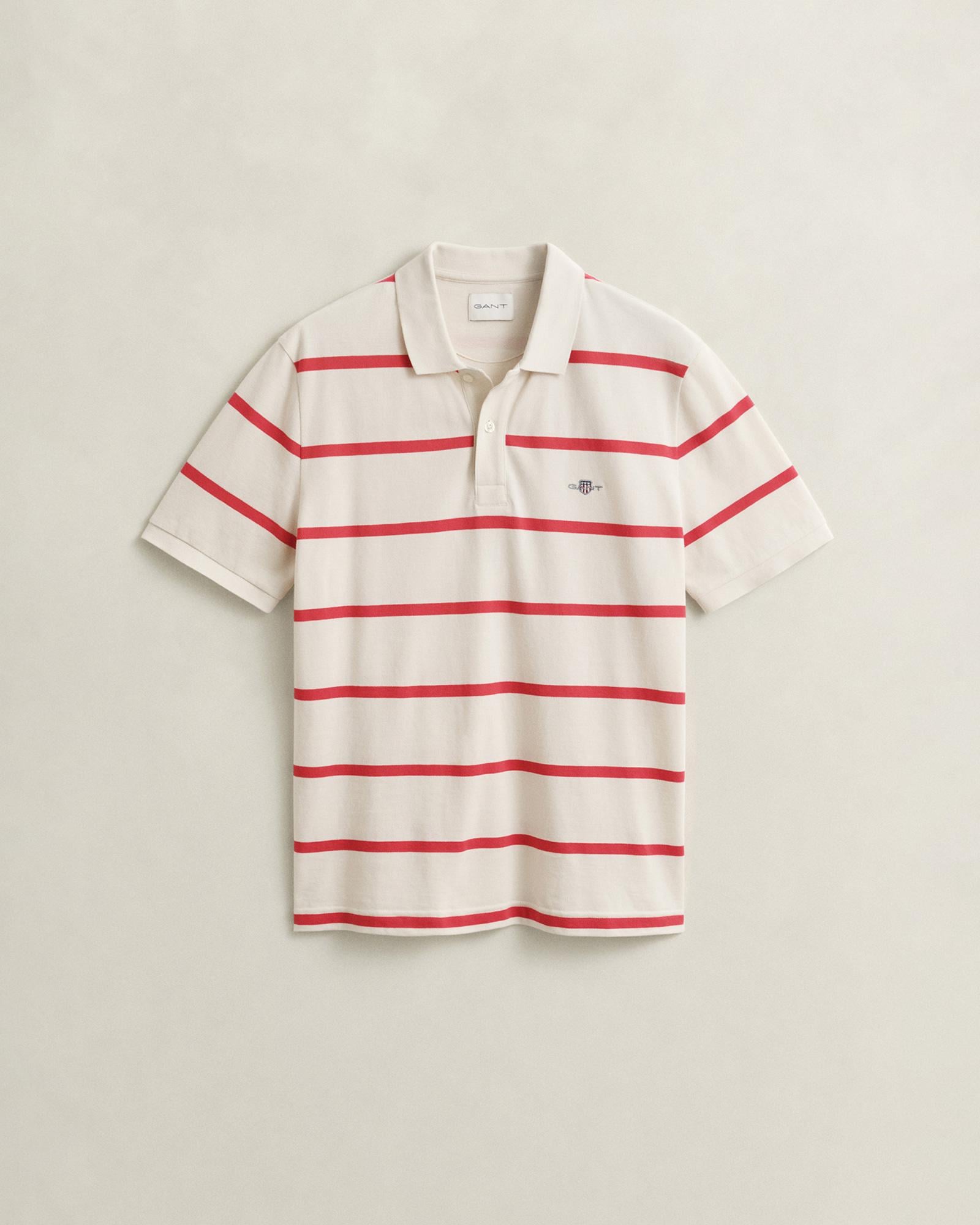 GANT Erkek Krem Regular Fit Çizgili Logolu Polo Yaka T-Shirt