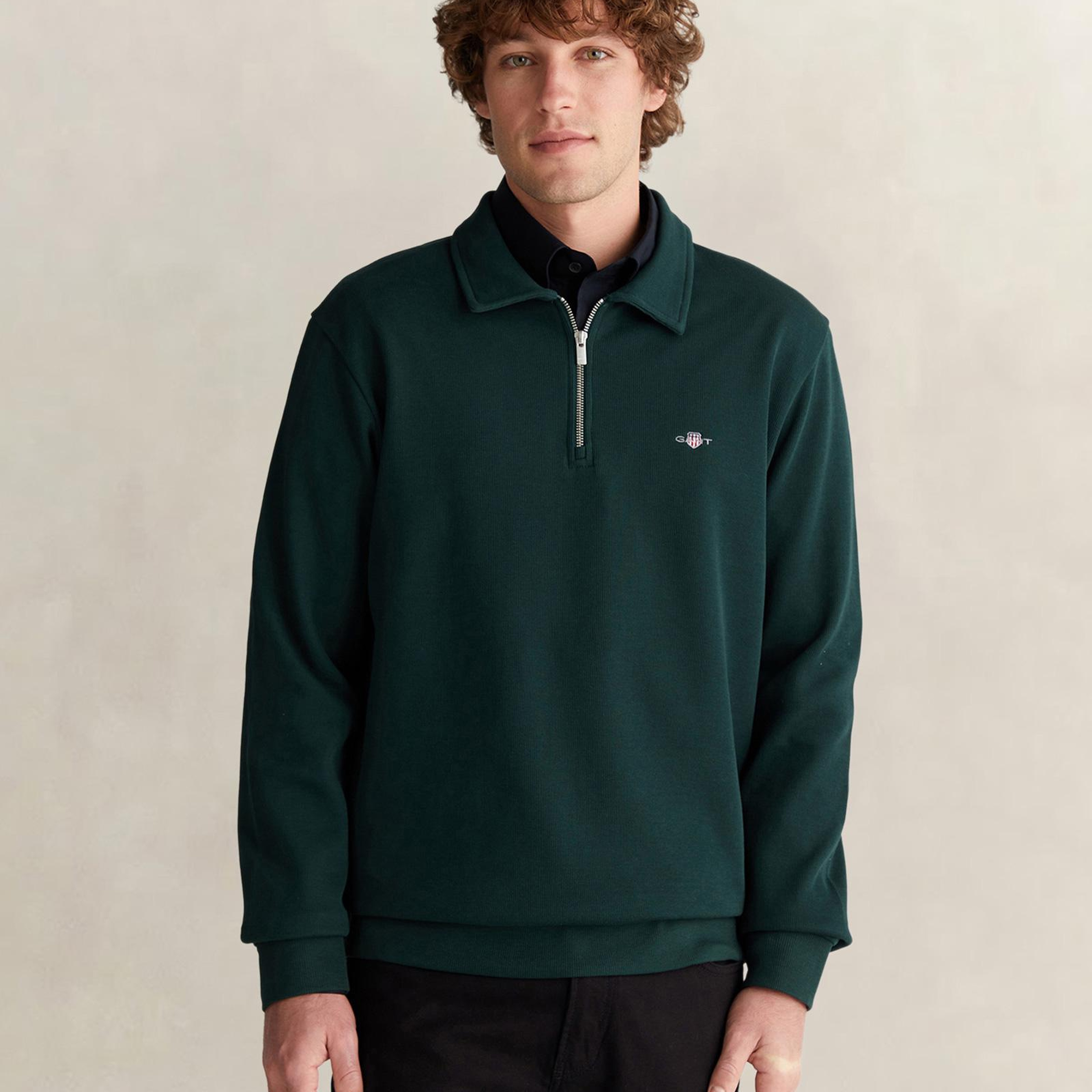 GANT Erkek Yeşil Regular Fit Yarım Fermuarlı Logolu Sweatshirt