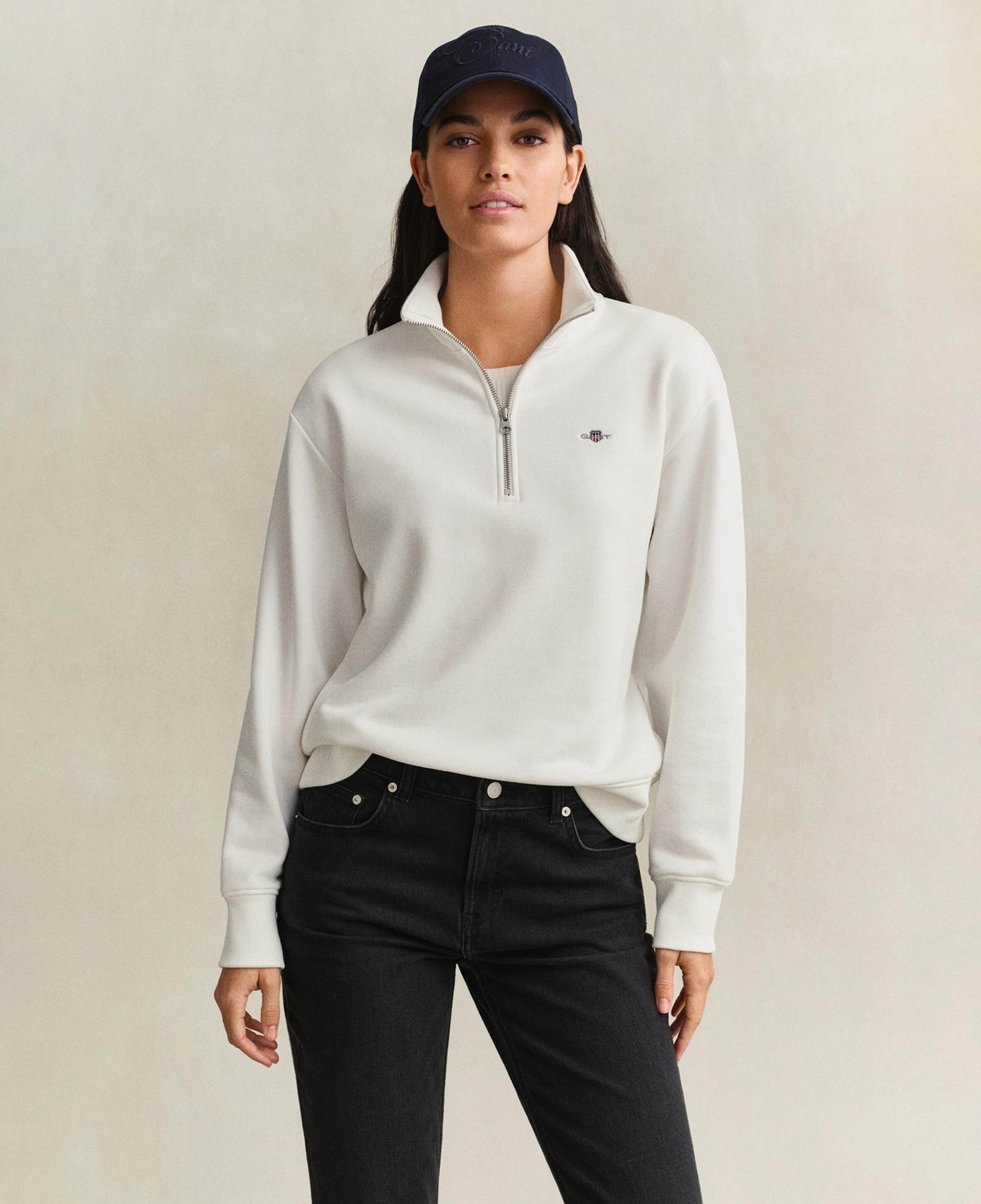 GANT Kadın Beyaz Relaxed Fit Yarım Fermuarlı Logolu Sweatshirt