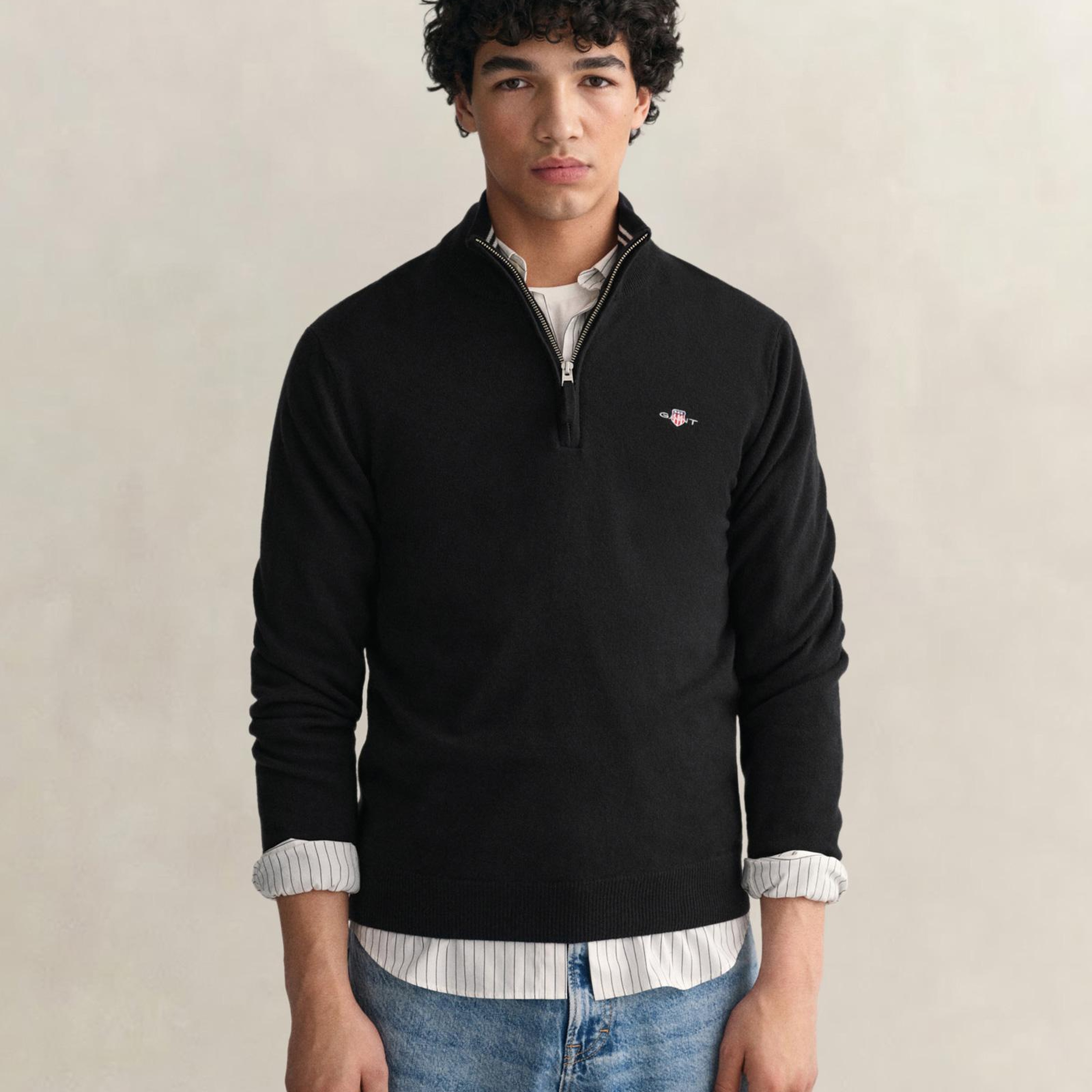 GANT Erkek Siyah Regular Fit Yarım Fermuarlı Yün Kazak