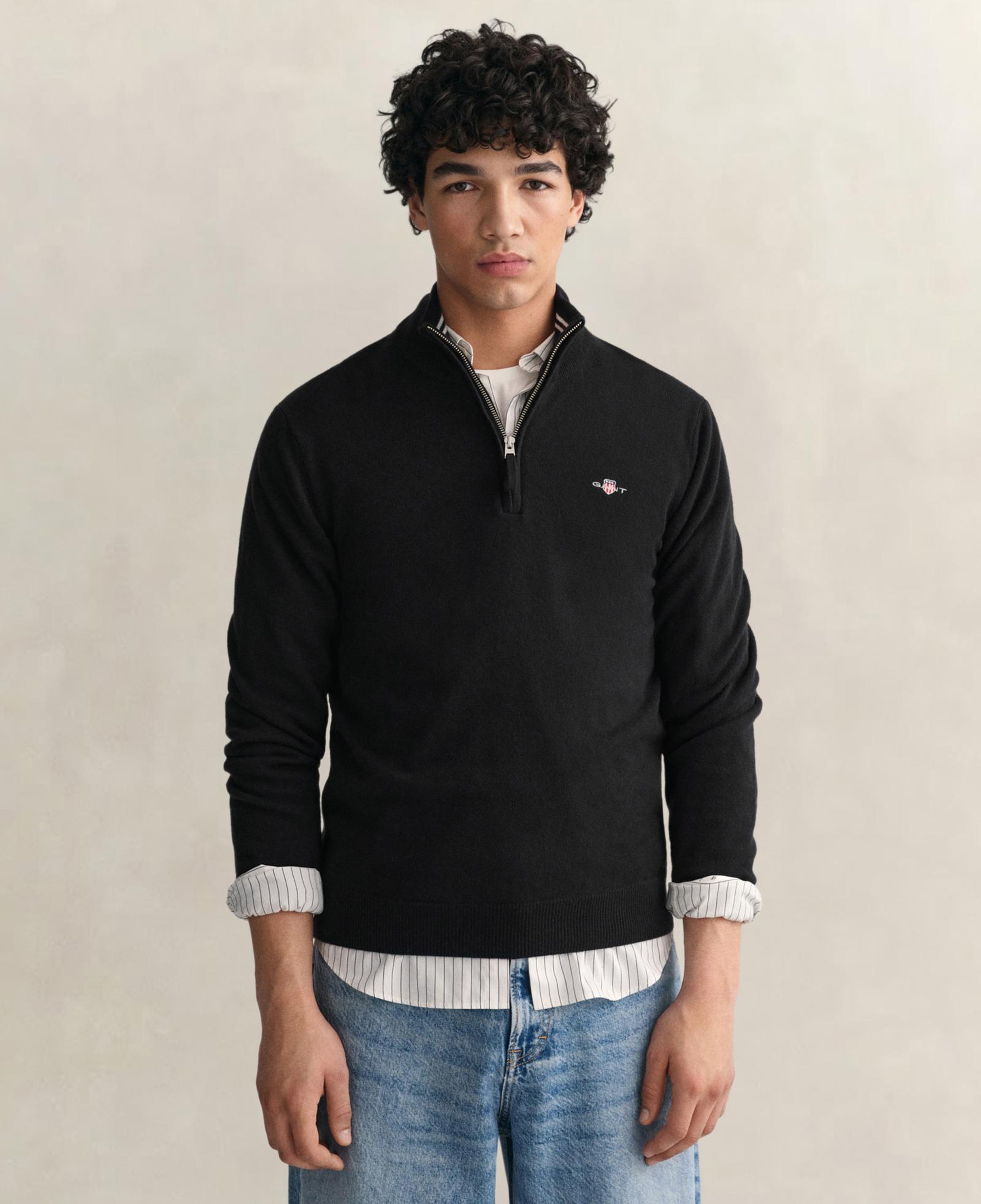 GANT Erkek Siyah Regular Fit Yarım Fermuarlı Yün Kazak