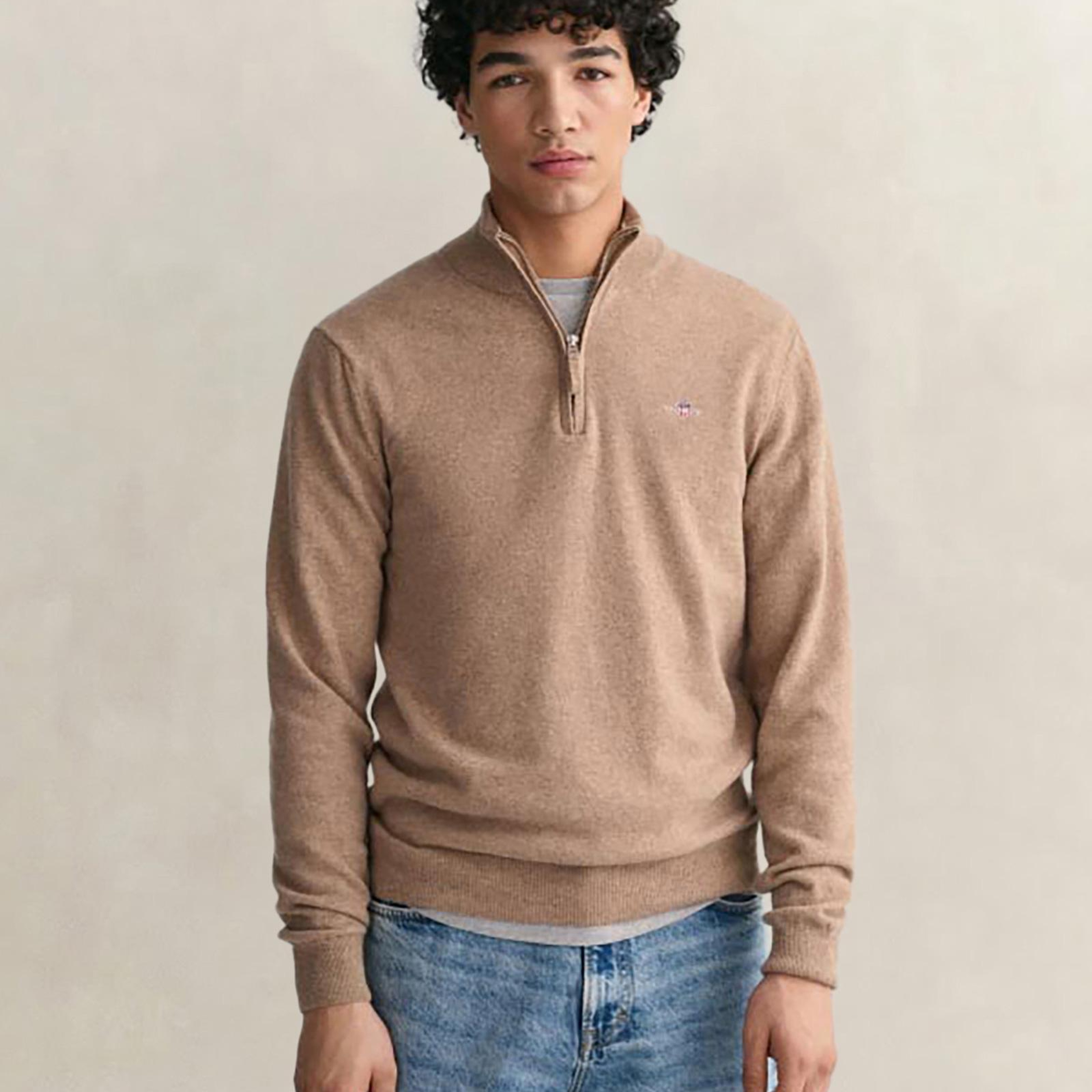 GANT Erkek Bej Regular Fit Yarım Fermuarlı Yün Kazak