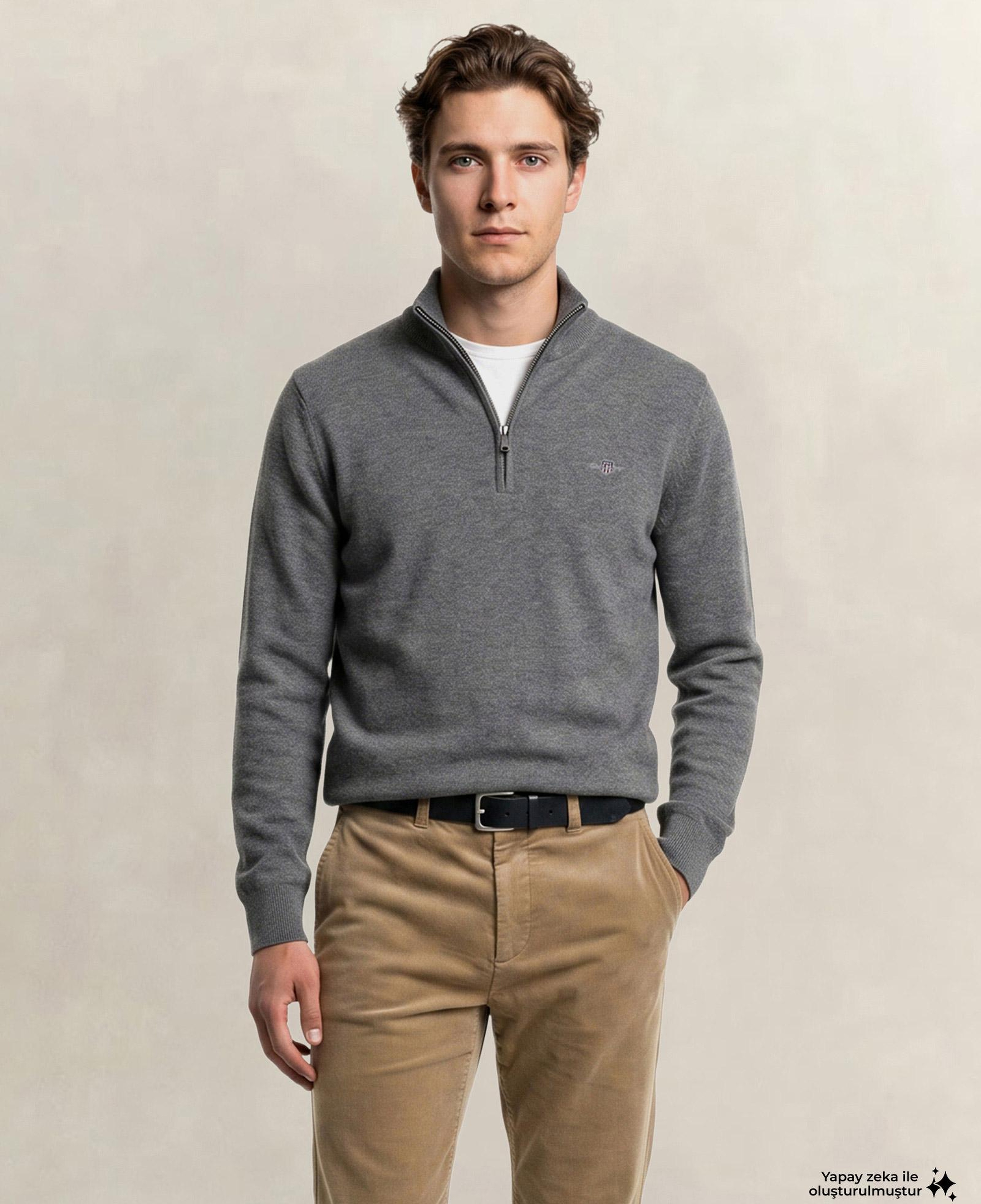 GANT Erkek Gri Regular Fit Yarım Fermuarlı Yün Kazak