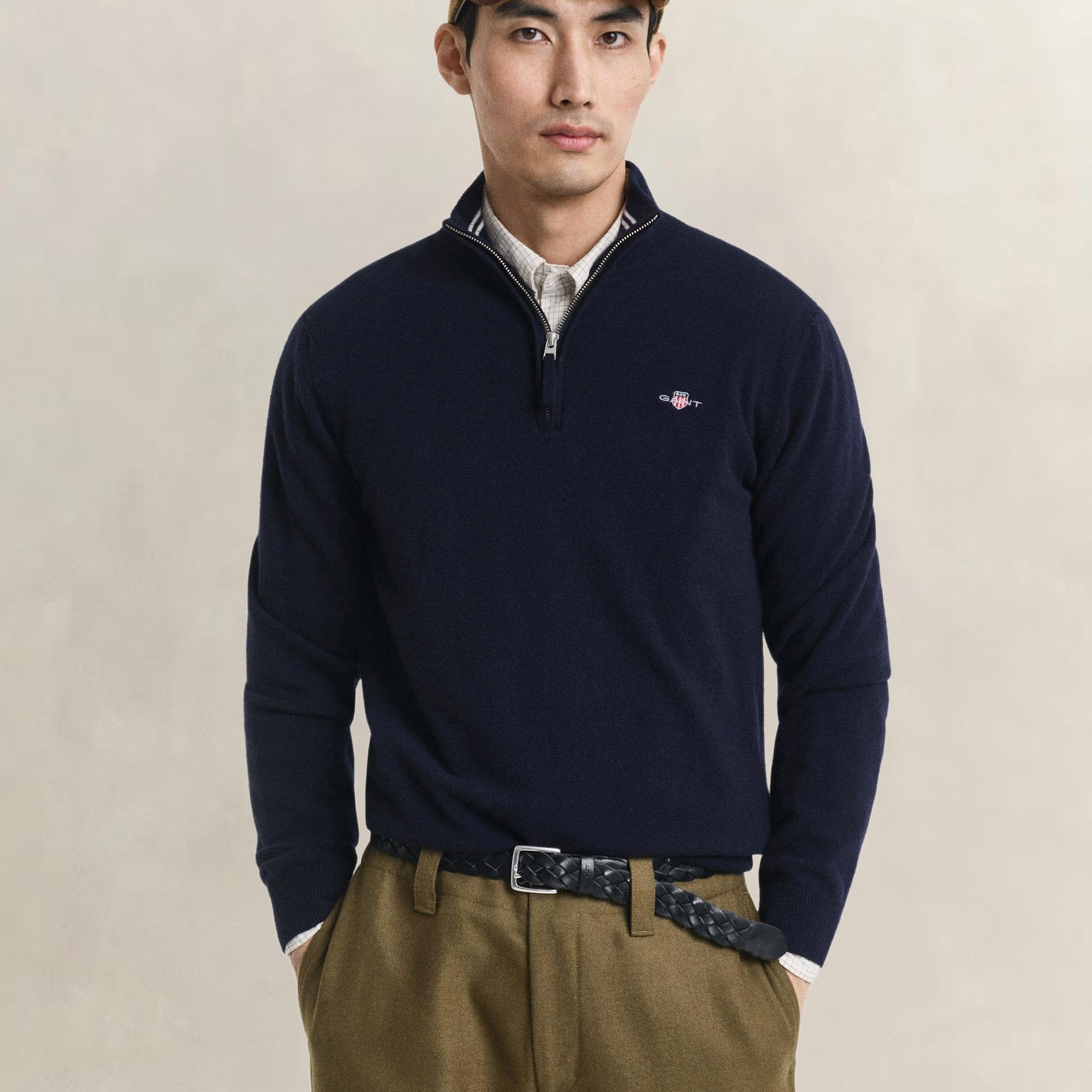 GANT Erkek Lacivert Regular Fit Yarım Fermuarlı Yün Kazak