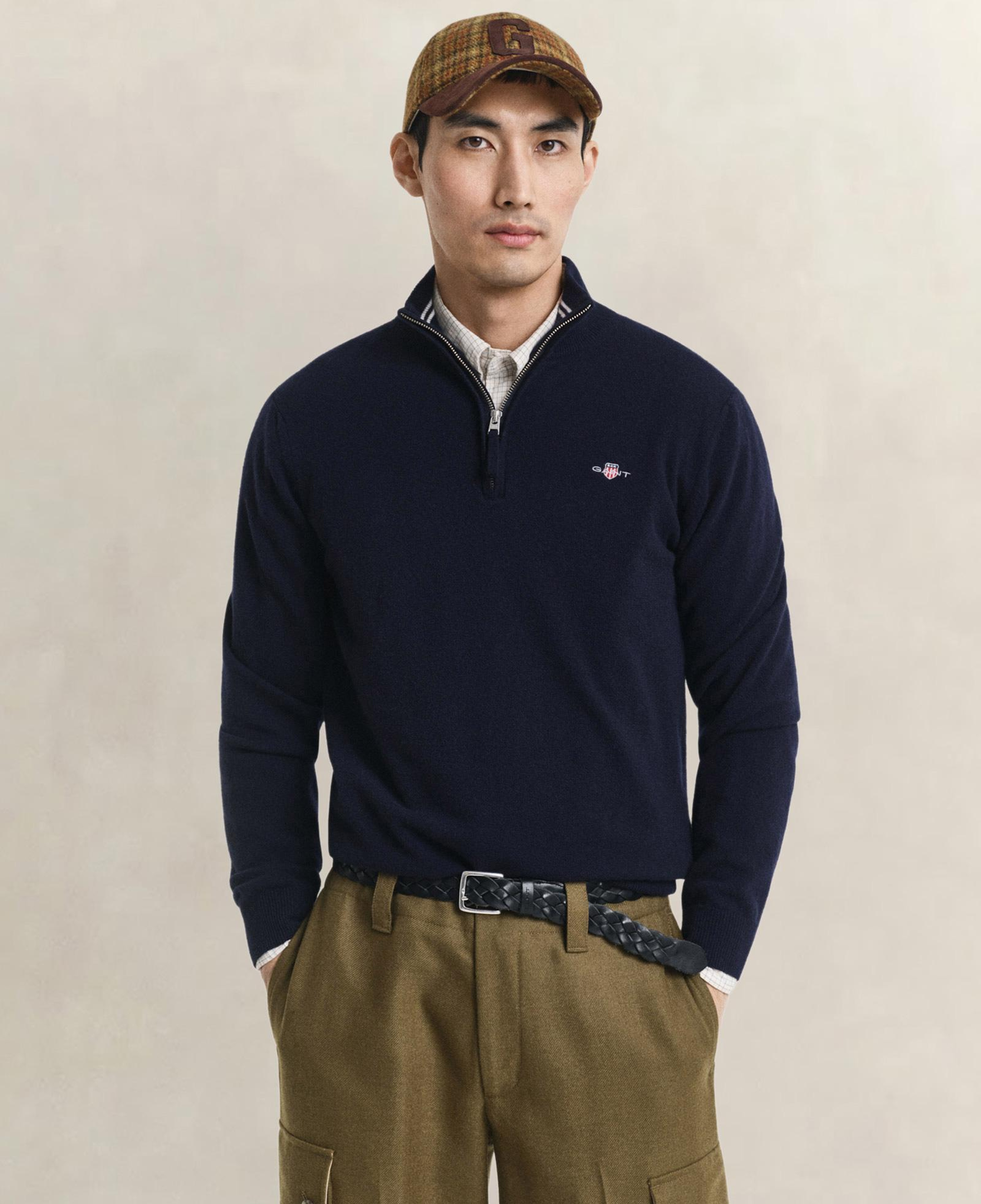 GANT Erkek Lacivert Regular Fit Yarım Fermuarlı Yün Kazak