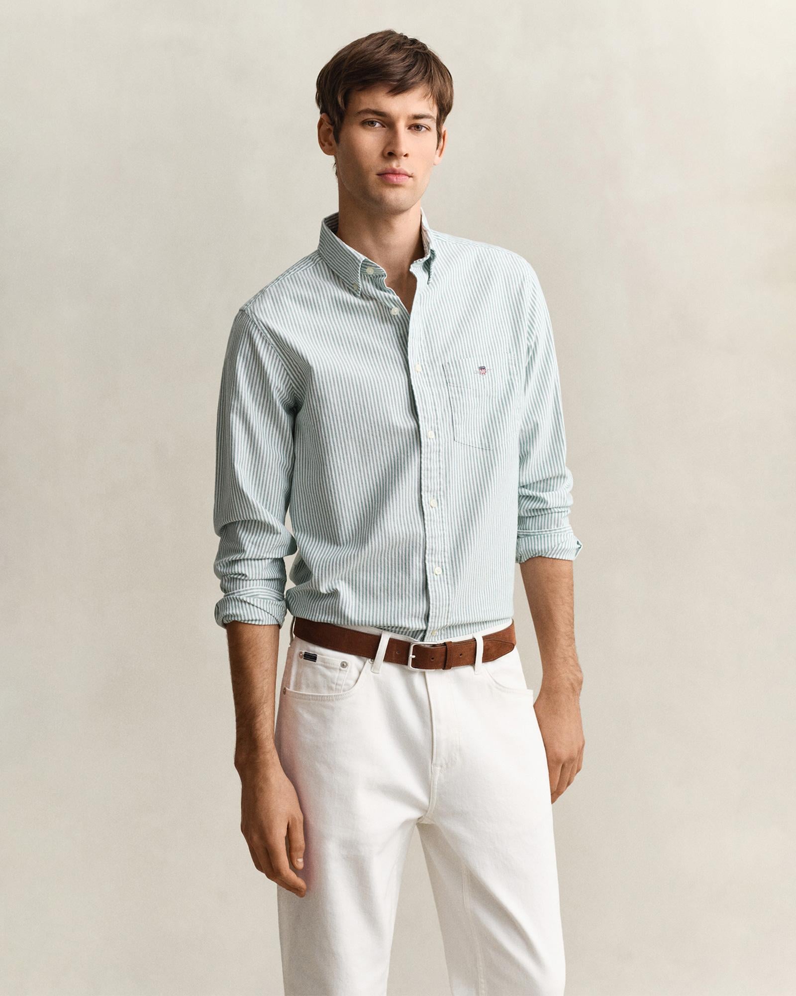 GANT Erkek Yeşil Regular Fit Çizgili Logolu Gömlek