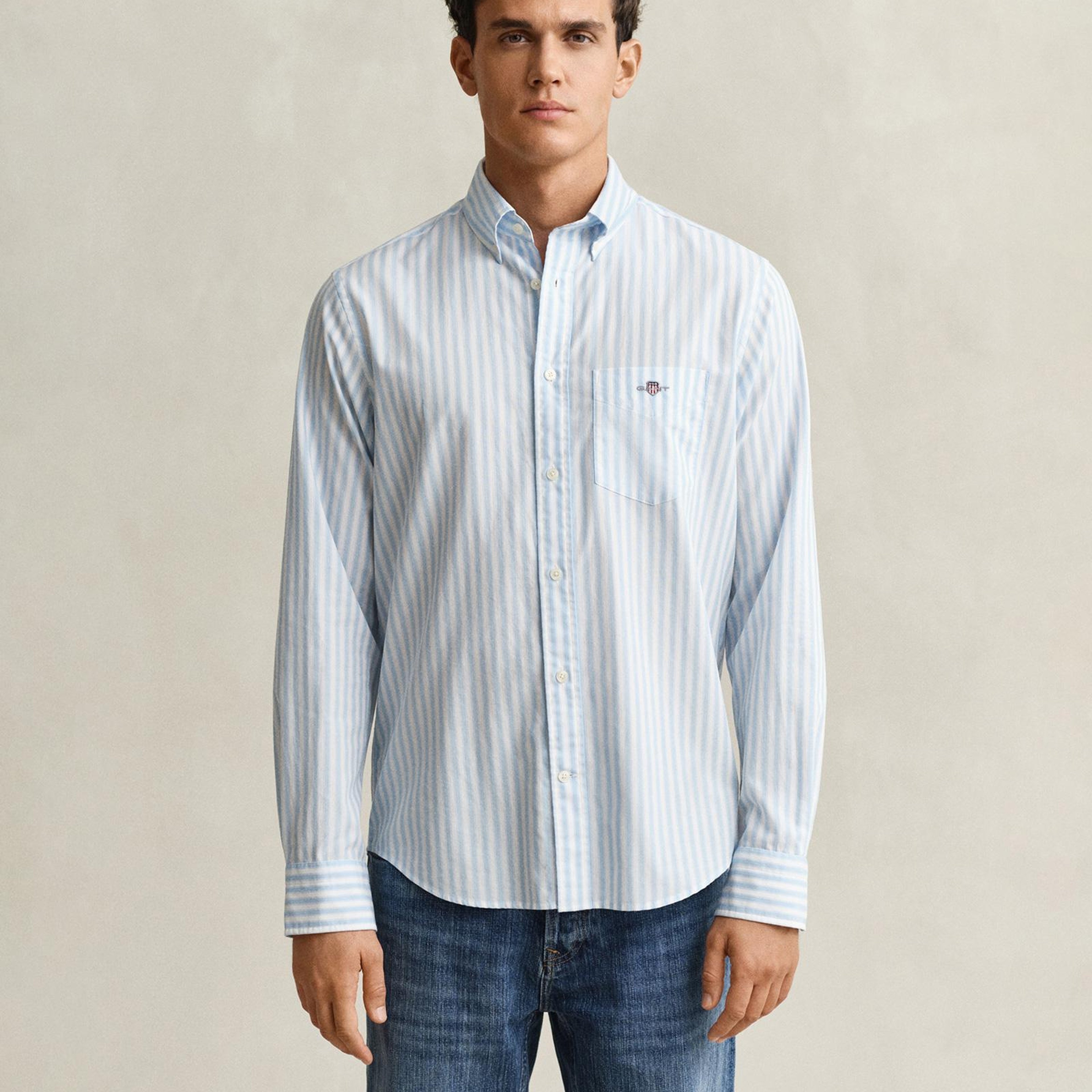 GANT Erkek Mavi Regular Fit Çizgili Logolu Gömlek