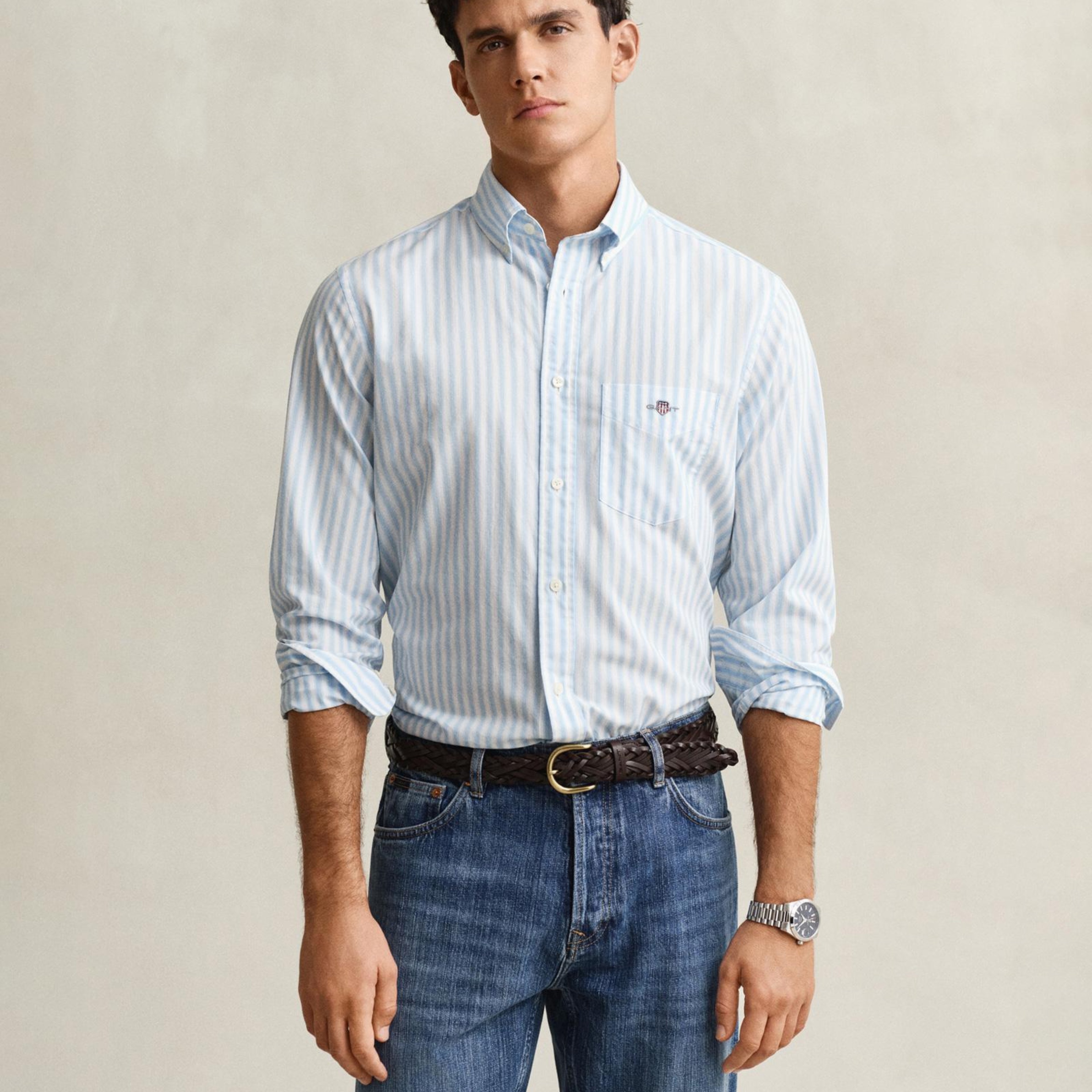 GANT Erkek Mavi Regular Fit Çizgili Logolu Gömlek