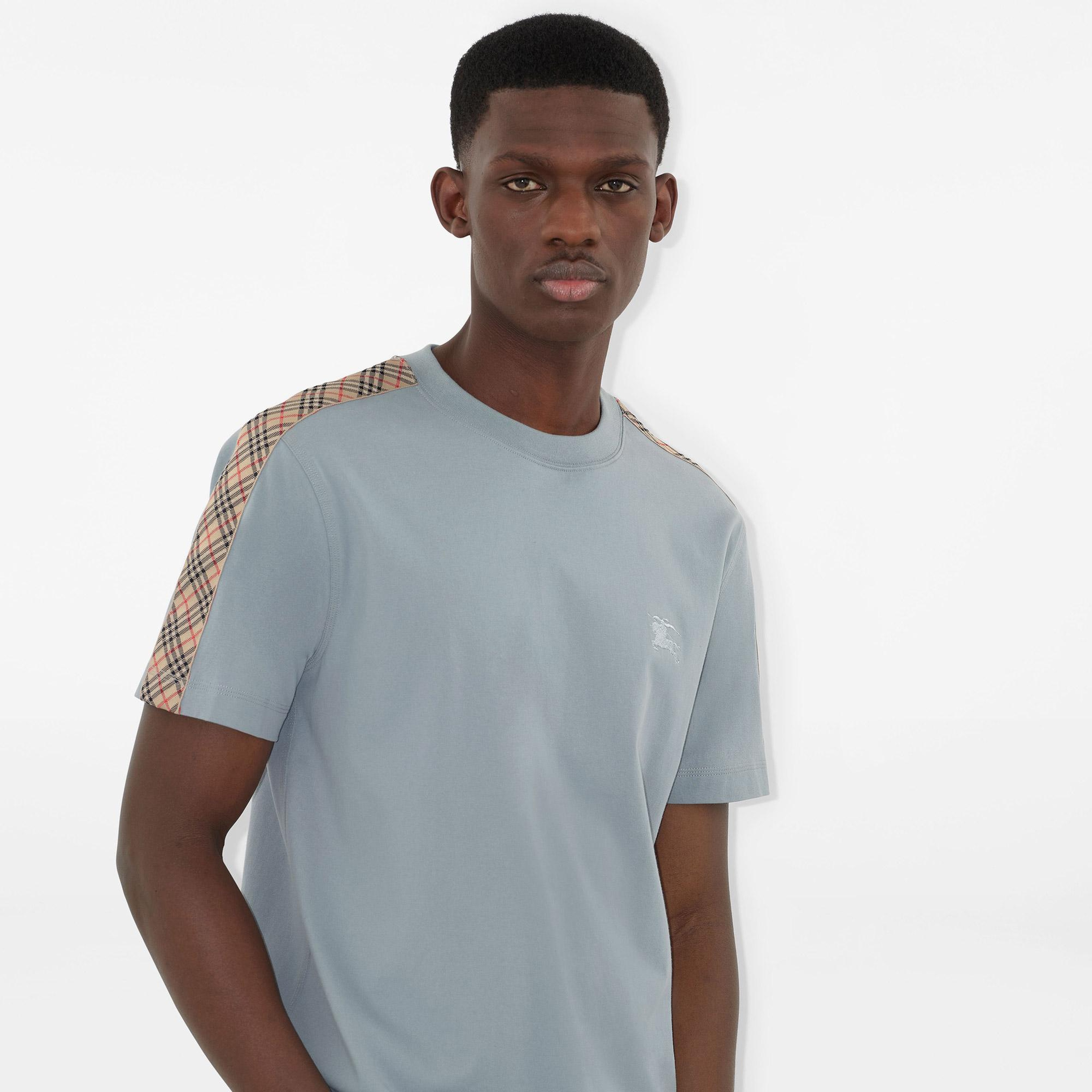 Burberry Check Trim Cotton Erkek Mavi T-Shirt
