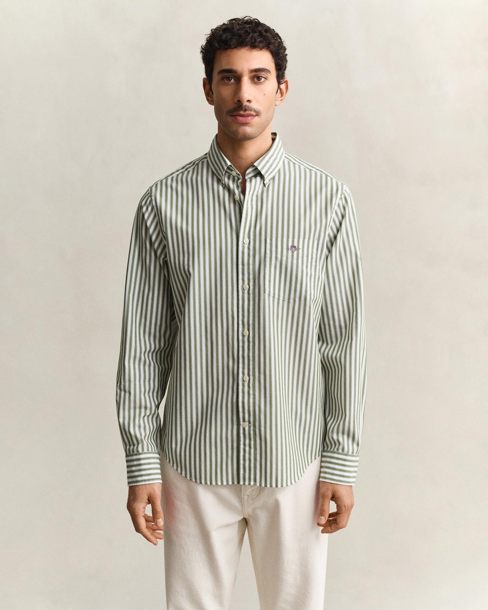 GANT Erkek Yeşil Regular Fit Çizgili Logolu Gömlek