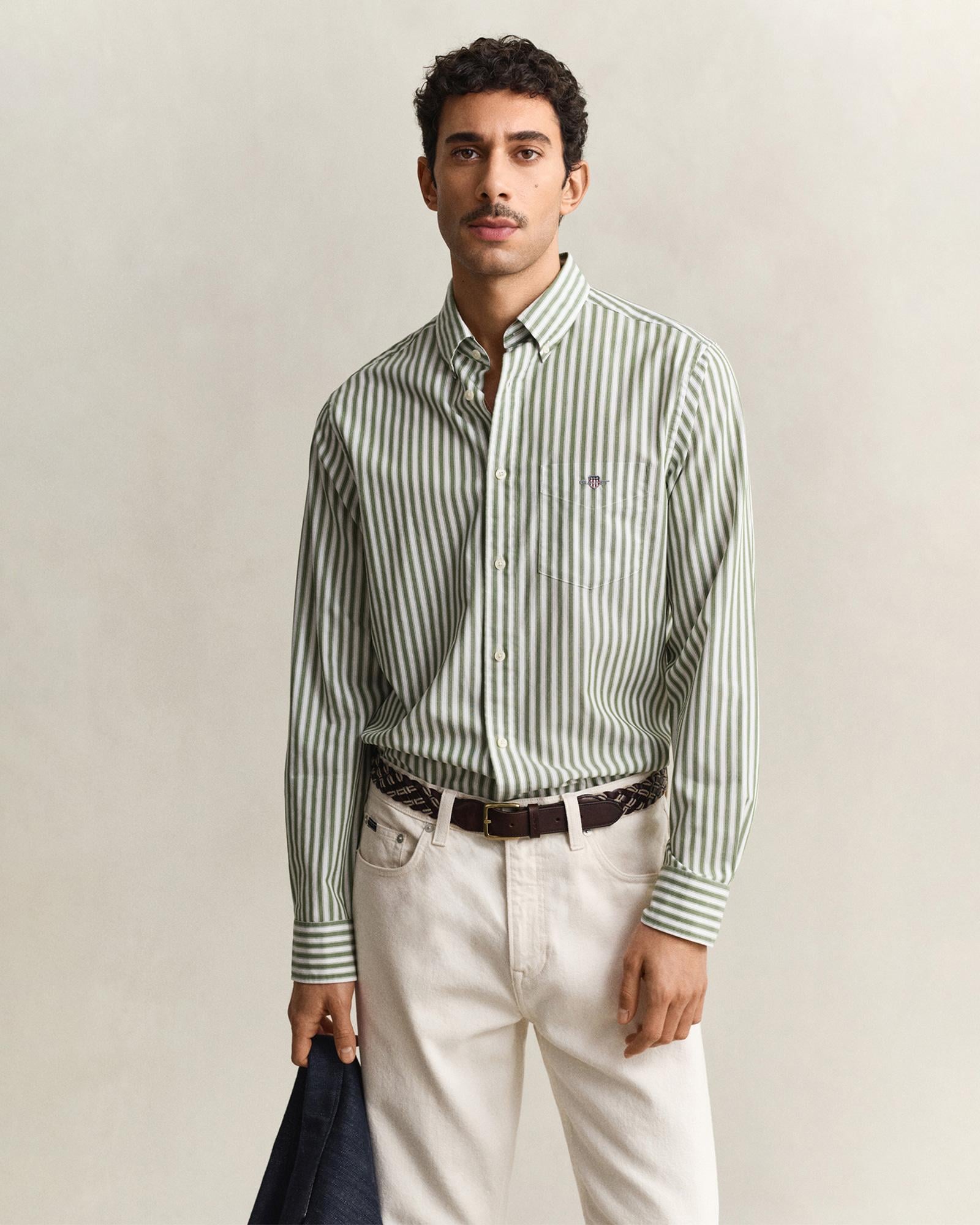 GANT Erkek Yeşil Regular Fit Çizgili Logolu Gömlek