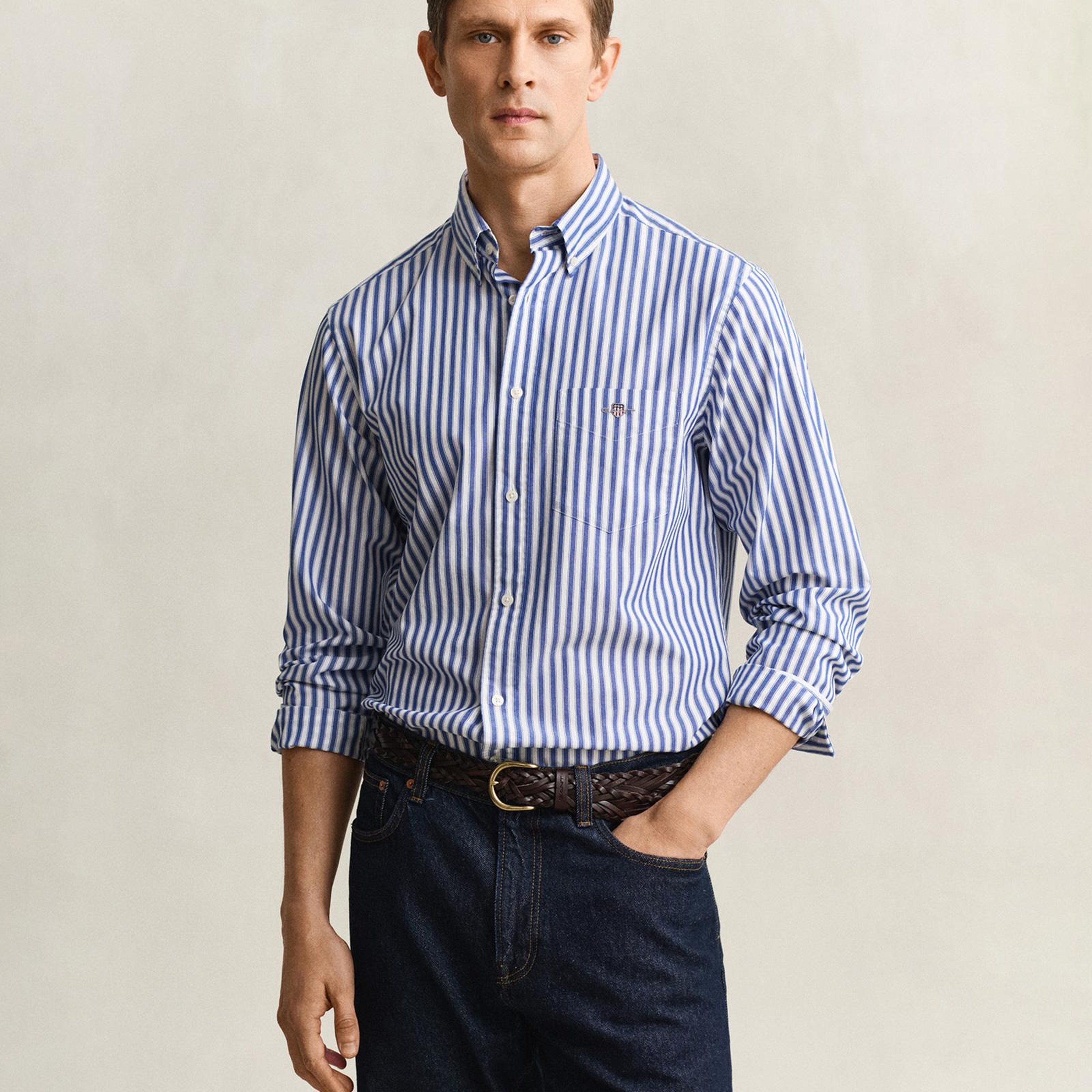 GANT Erkek Mavi Regular Fit Çizgili Logolu Gömlek