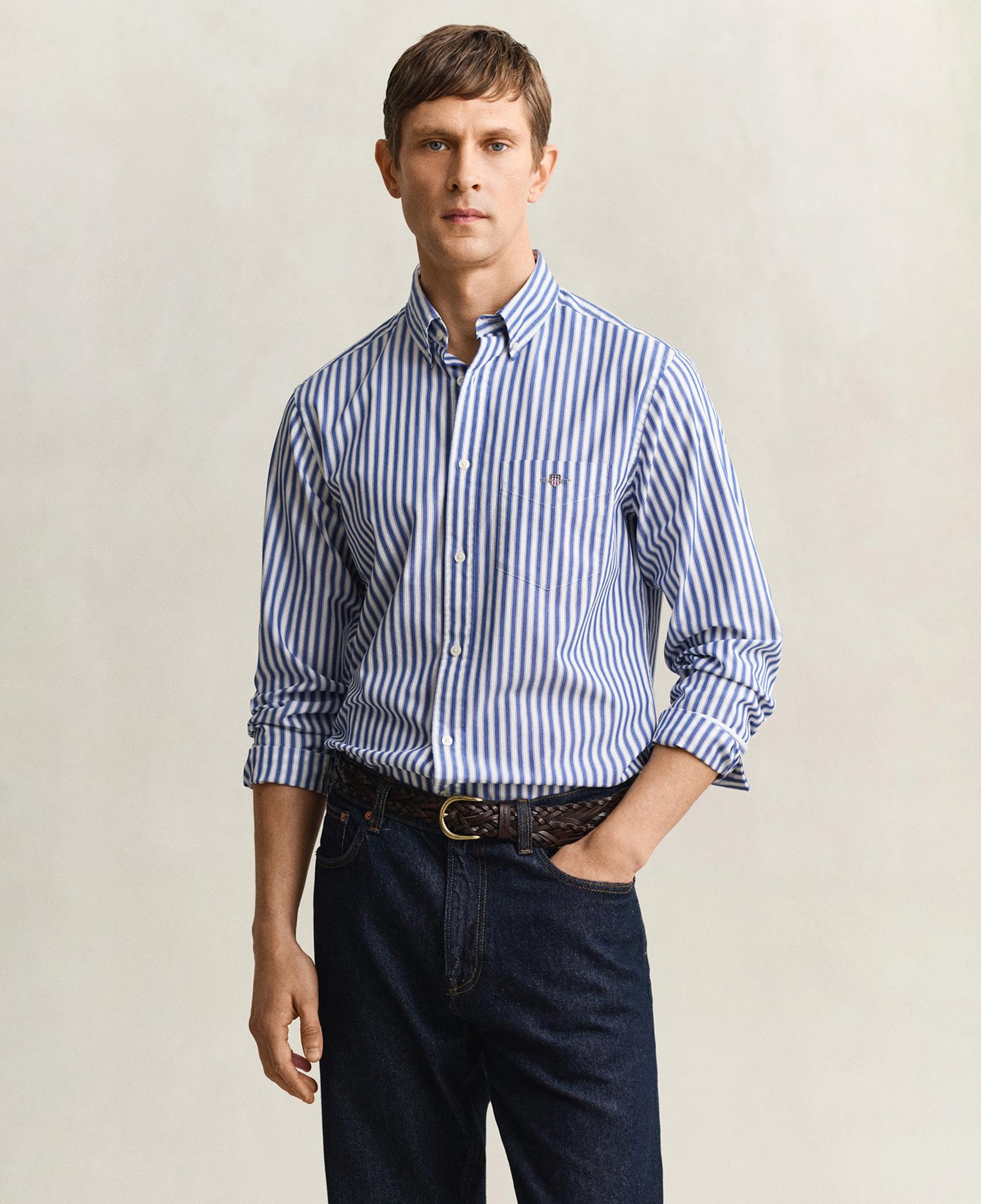GANT Erkek Mavi Regular Fit Çizgili Logolu Gömlek