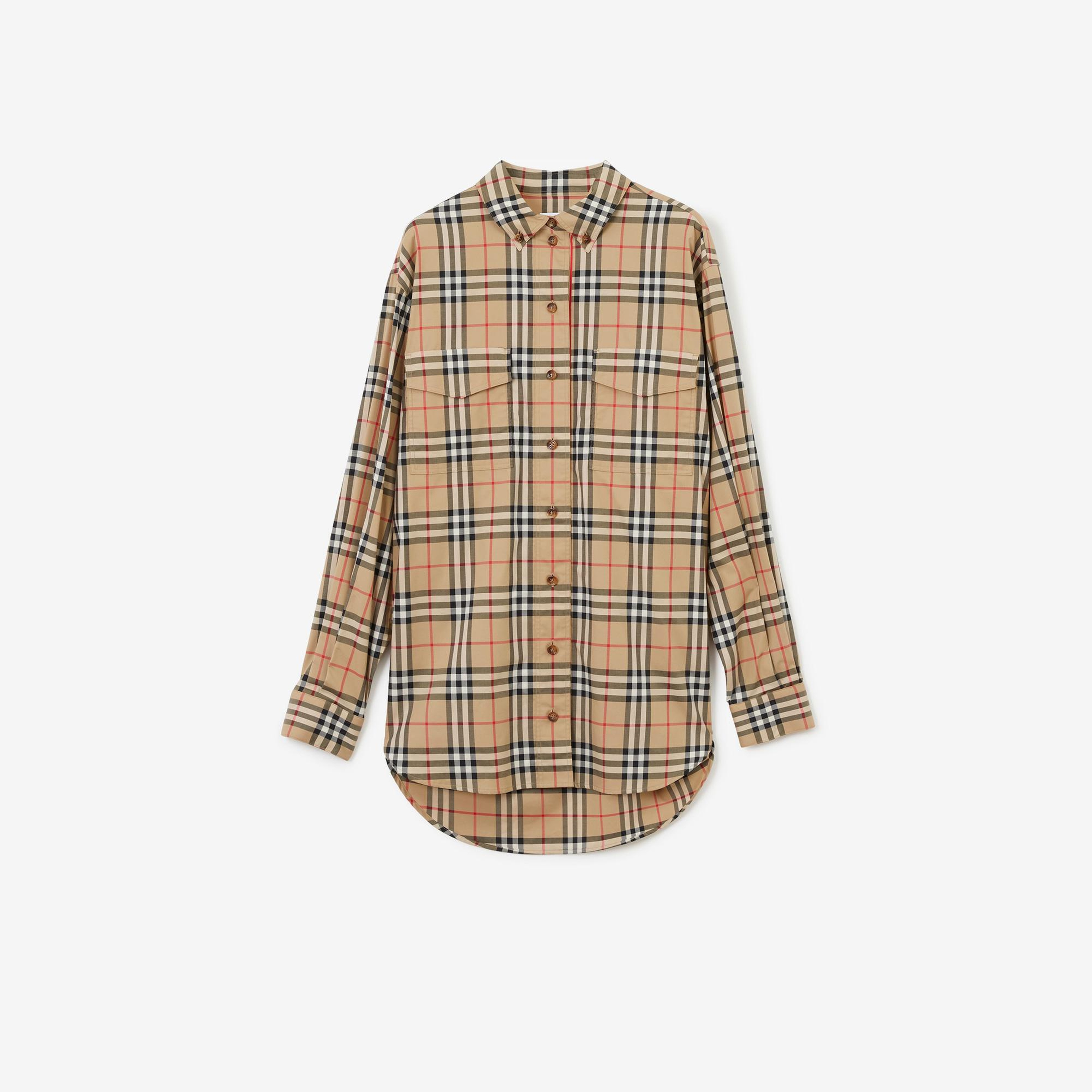 Burberry Check Stretch Pamuklu Kadın Bej Gömlek