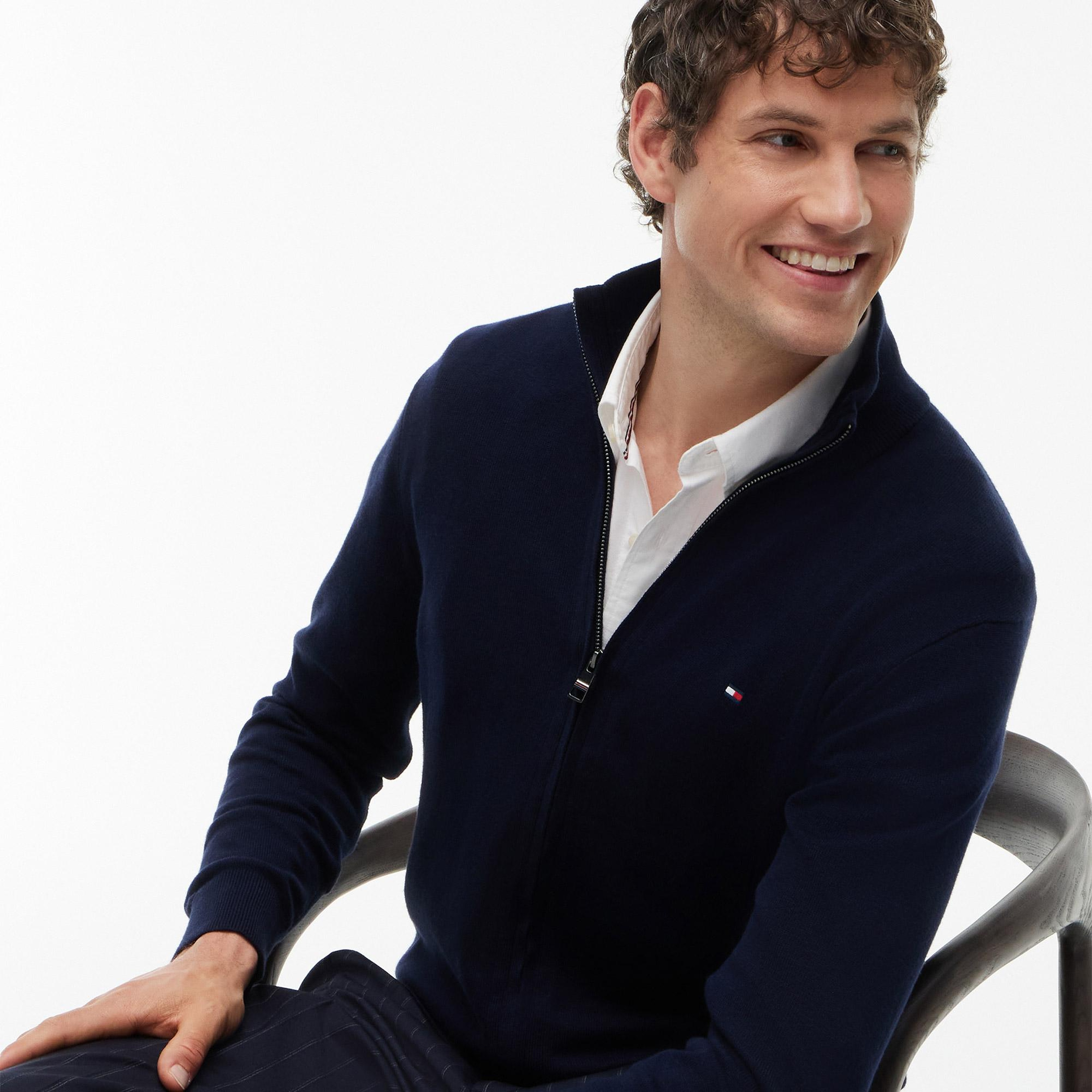 Tommy Hilfiger Pima Cashmere Zip Erkek Mavi Hırka