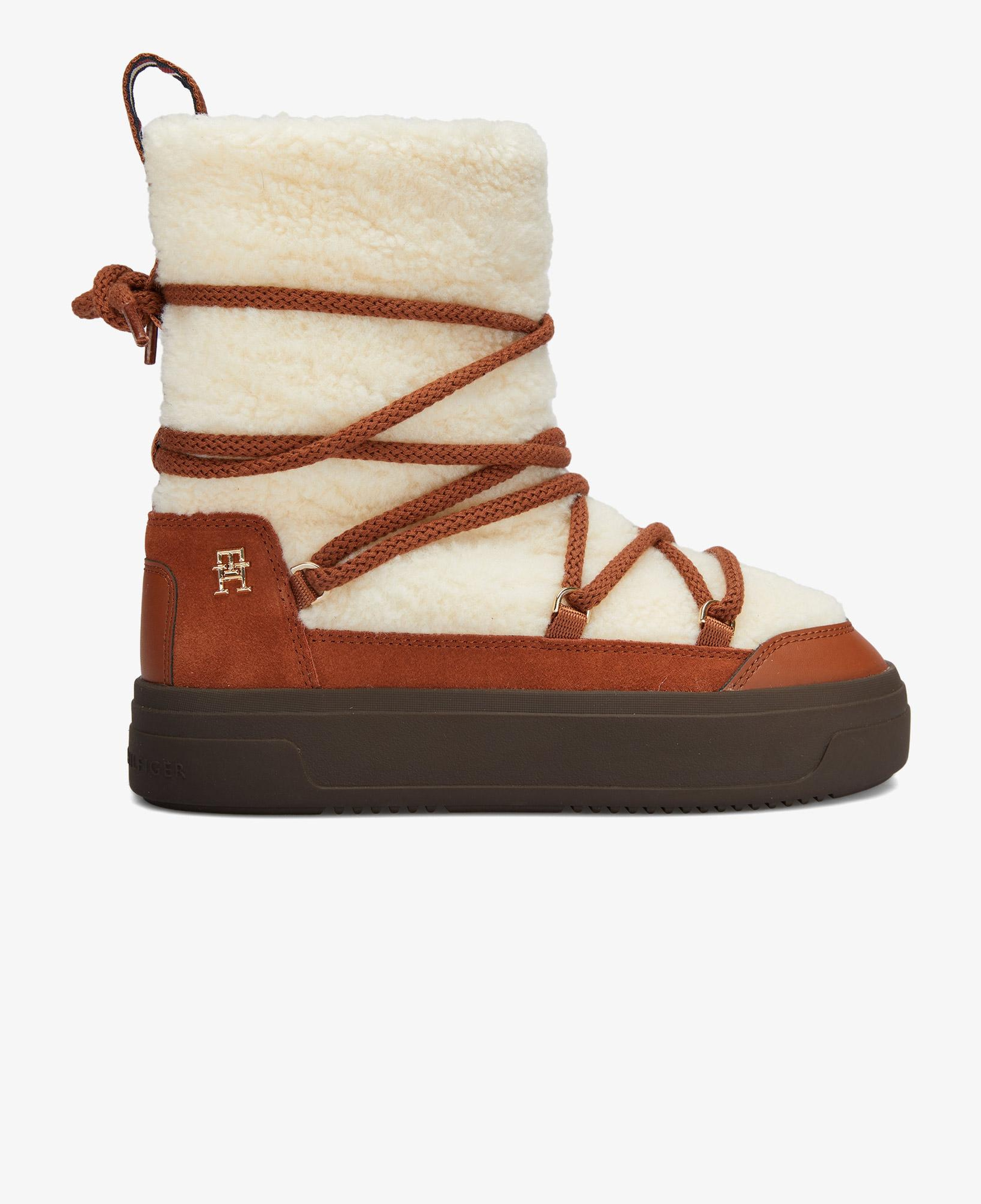 Tommy Hilfiger Lace-Up Faux Shearling Kadın Kahverengi Kar Botu