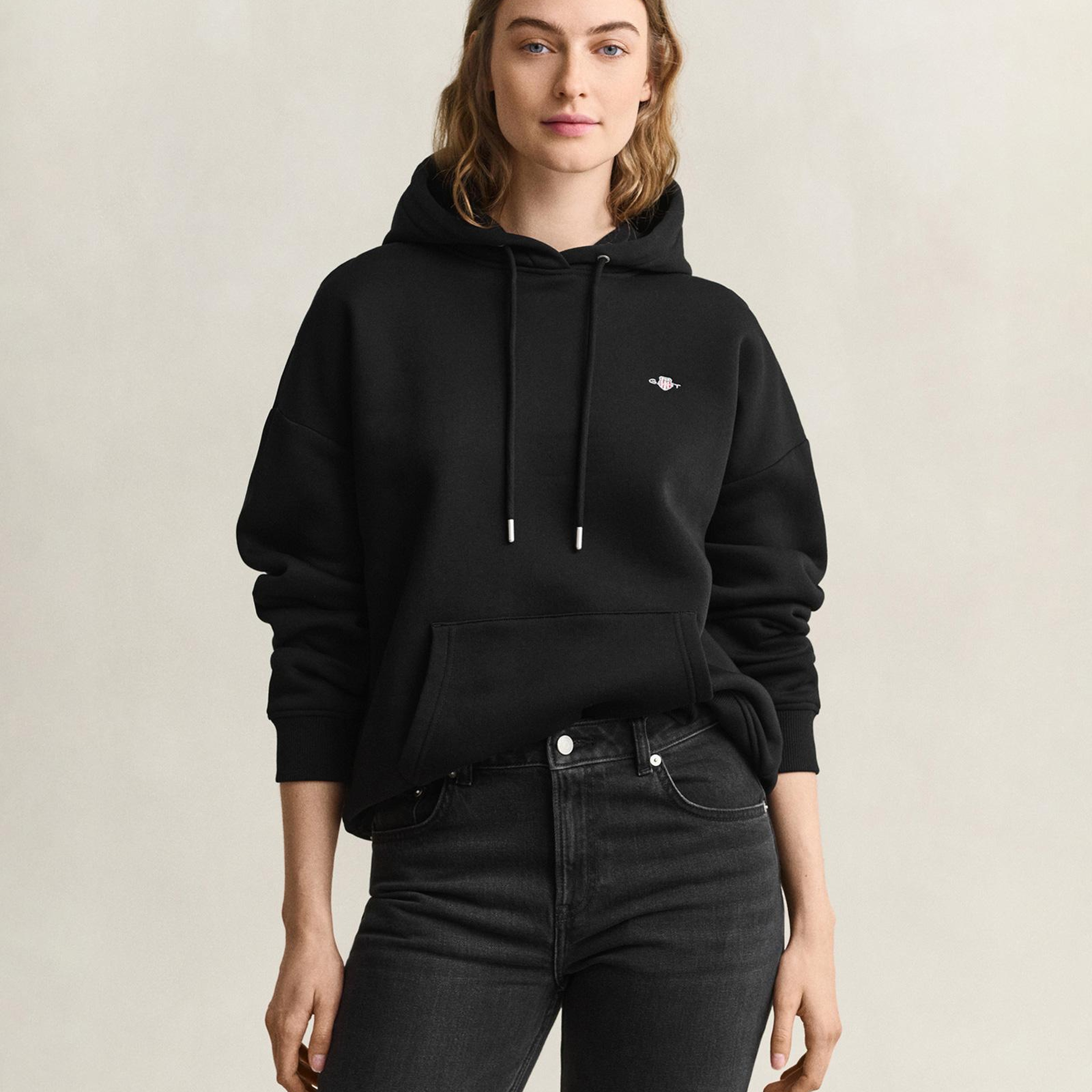 GANT Kadın Siyah Relaxed Fit Kapüşonlu Sweatshirt