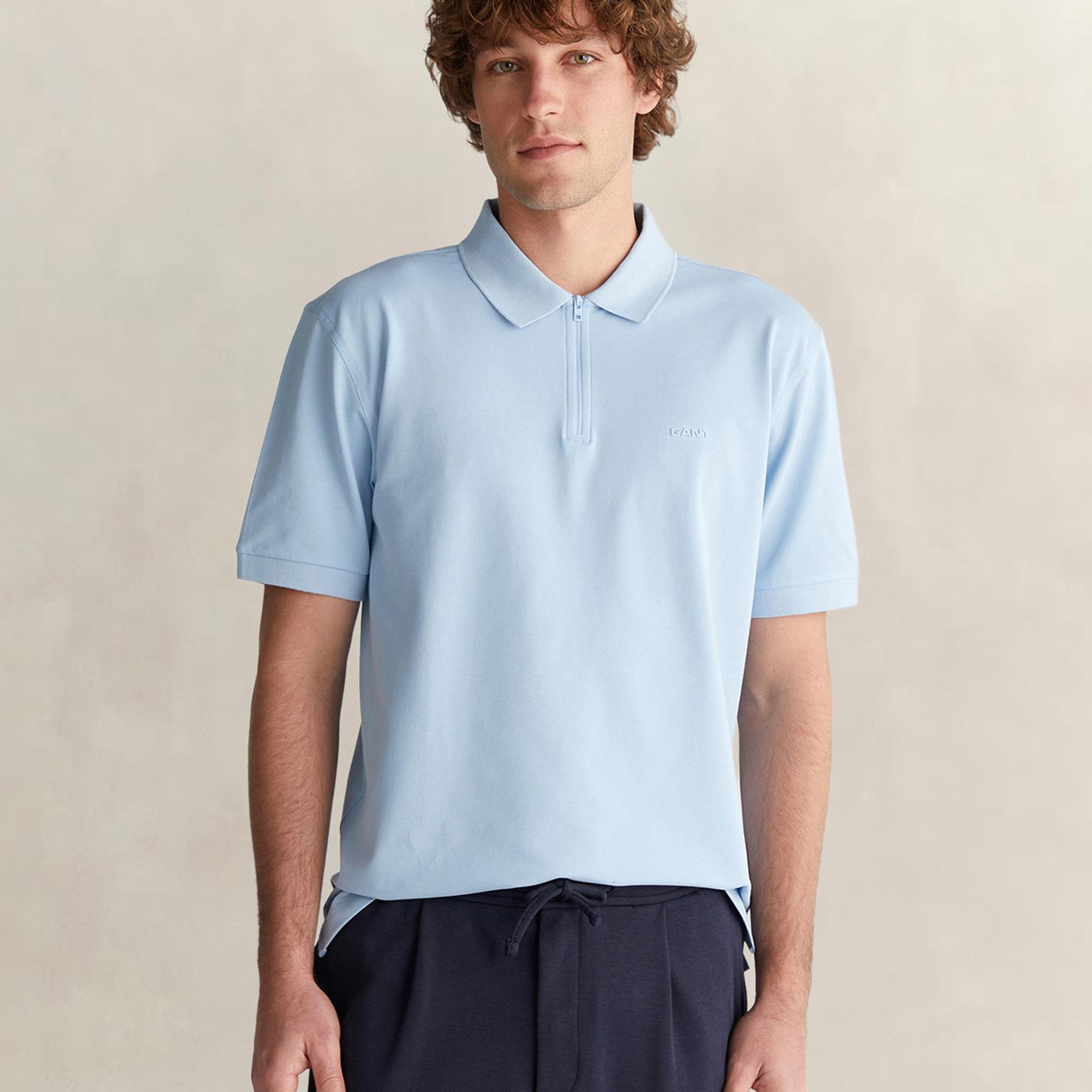 GANT Erkek Mavi Regular Fit Yarım Fermuarlı Polo Yaka T-Shirt