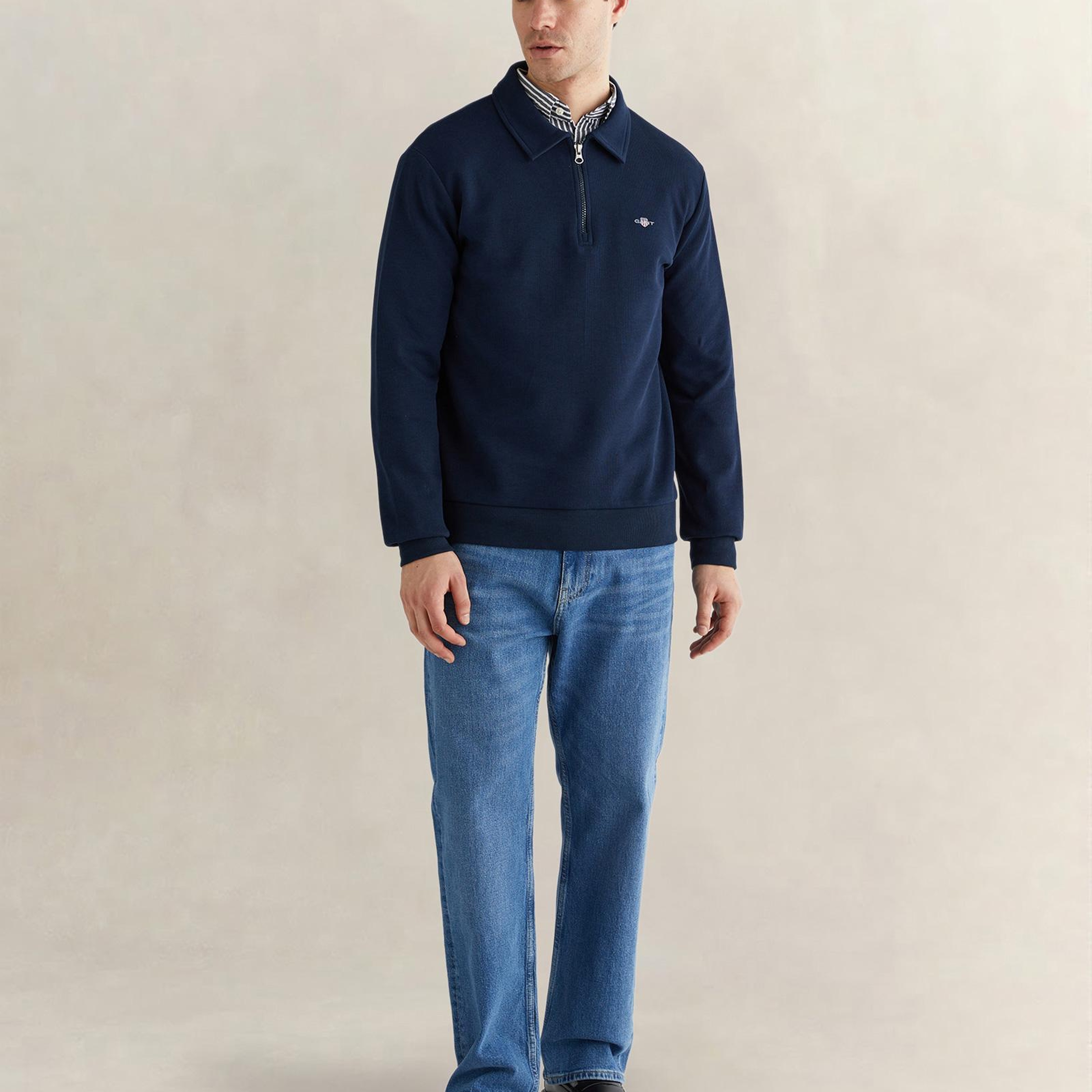 GANT Erkek Lacivert Regular Fit Yarım Fermuarlı Logolu Sweatshirt