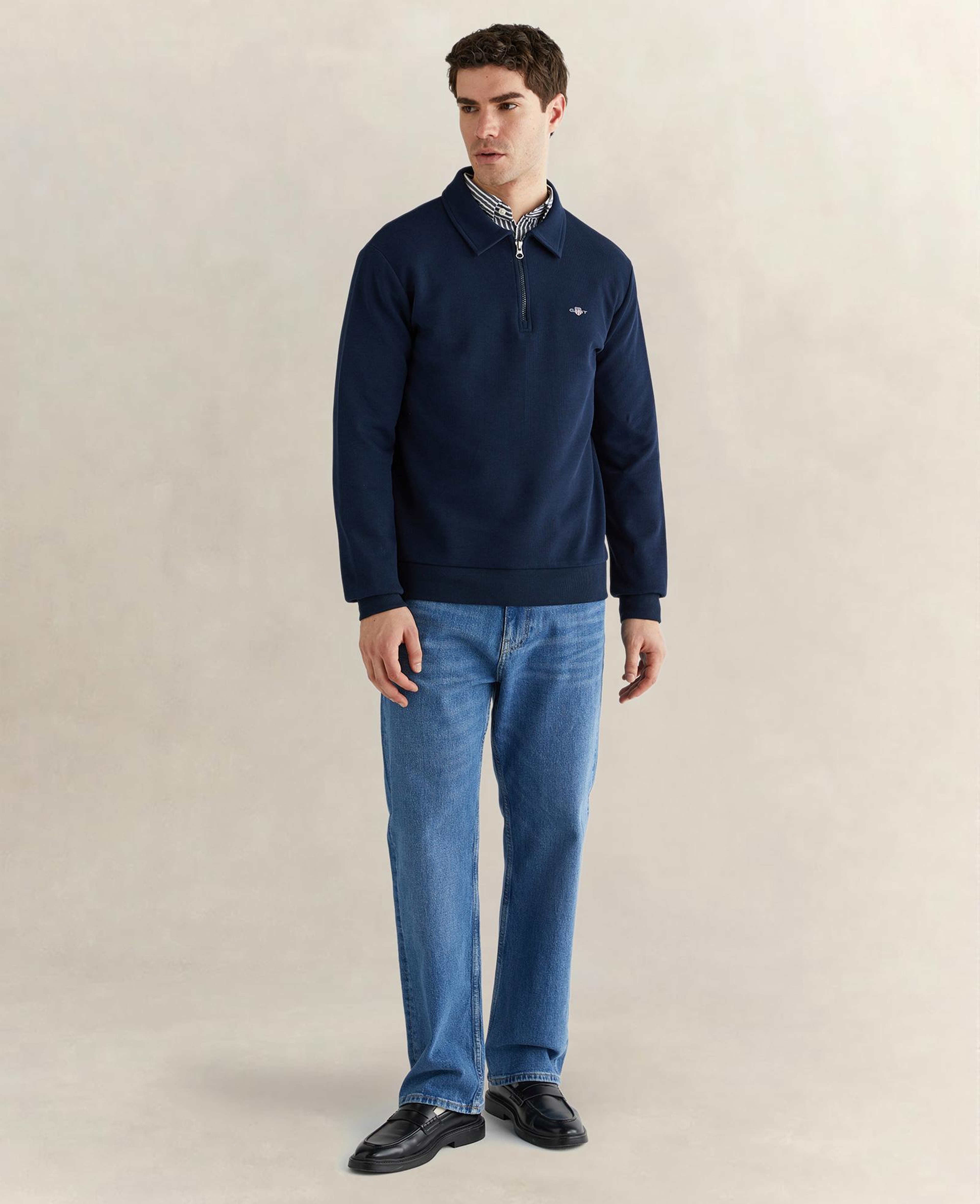 GANT Erkek Lacivert Regular Fit Yarım Fermuarlı Logolu Sweatshirt