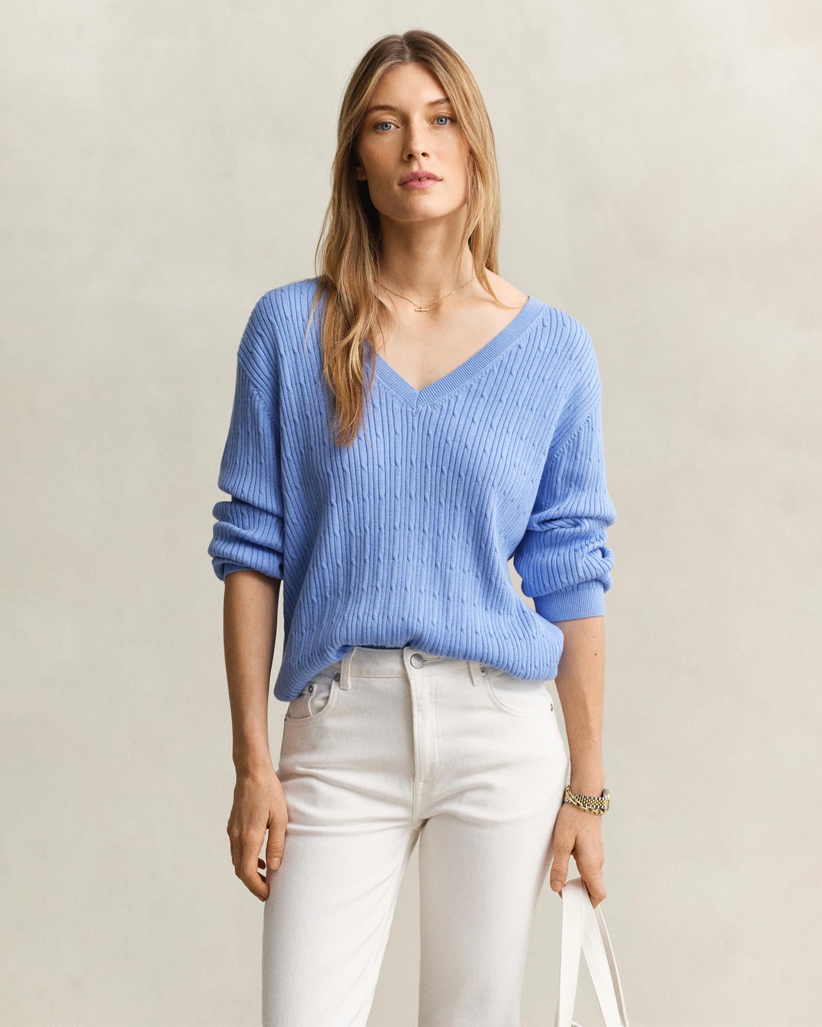 GANT Kadın Mavi Regular Fit V Yaka Kazak