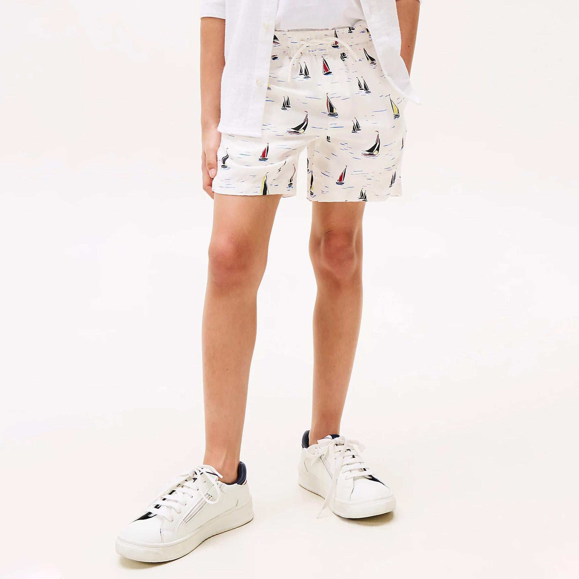 Tommy Hilfiger Print Linen Çocuk Beyaz Deniz Şortu