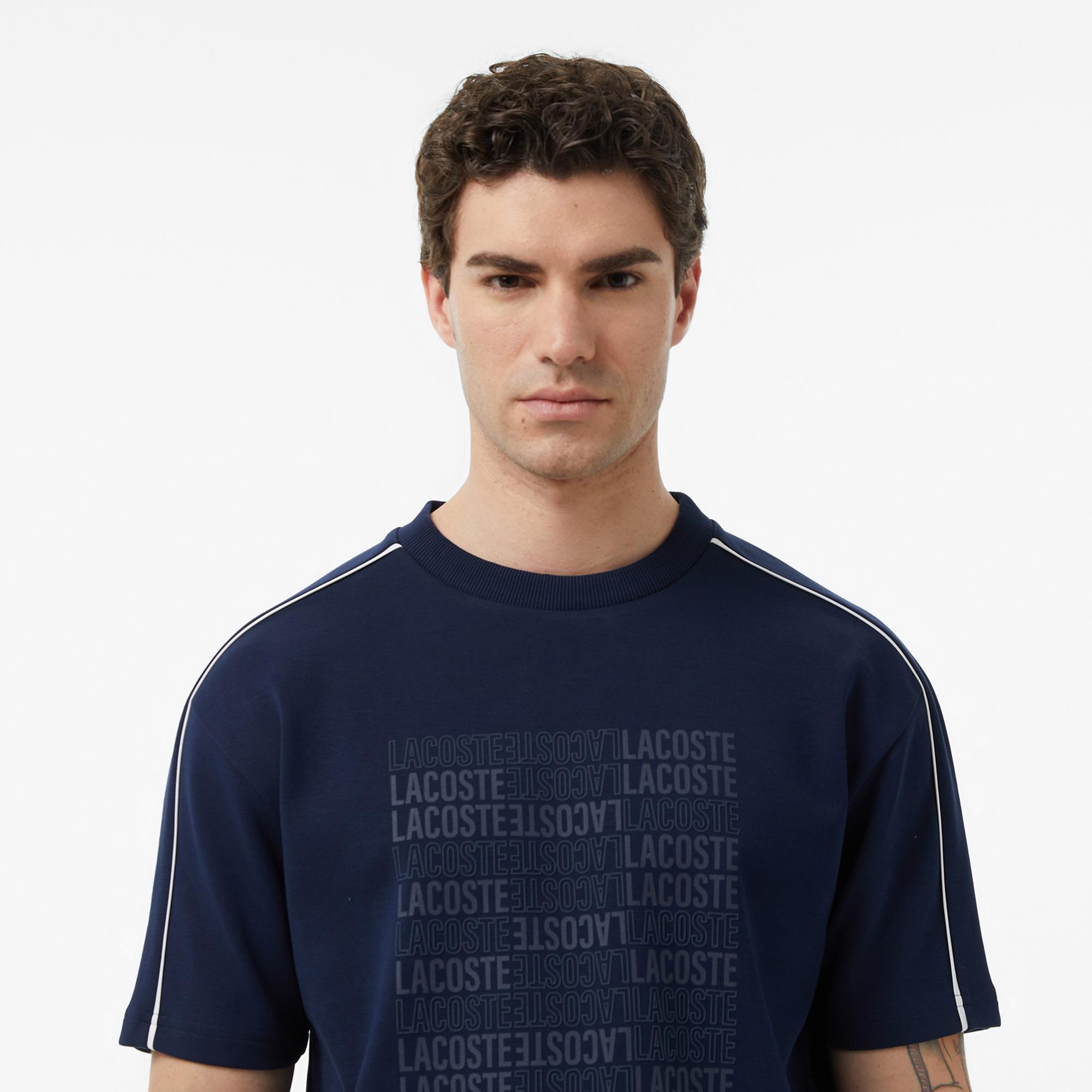 Erkek Relaxed Fit Bisiklet Yaka Baskılı Lacivert T-Shirt
