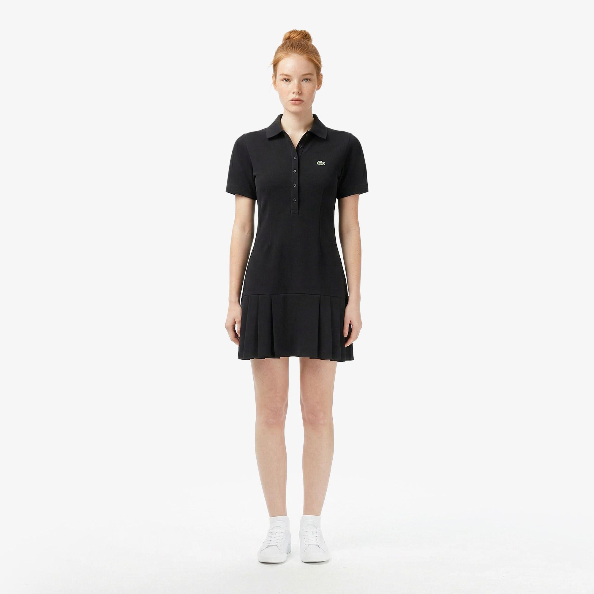 Kadın Classic Fit Kısa Kollu Polo Yaka Siyah Elbise