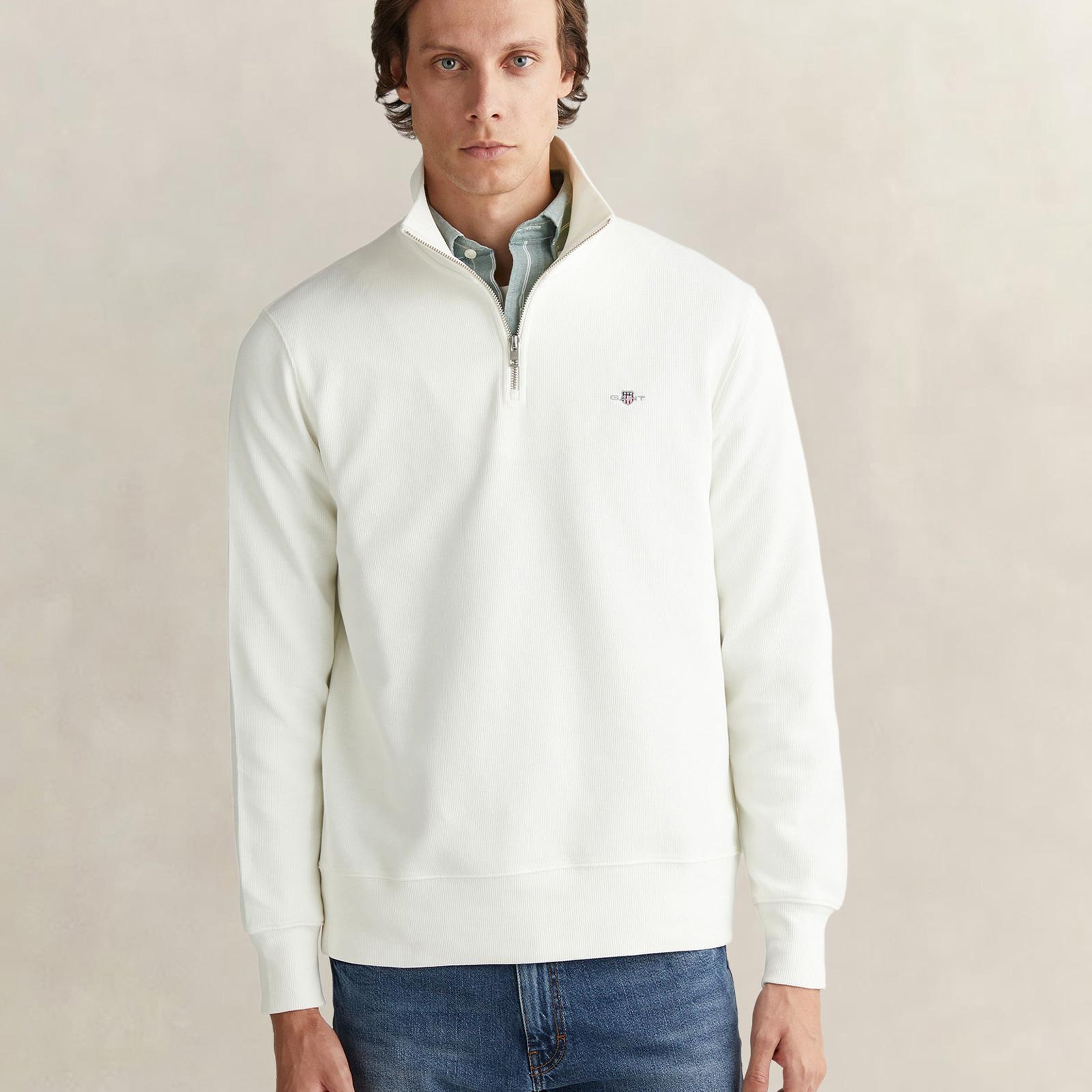 GANT Erkek Beyaz Regular Fit Yarım Fermuarlı Sweatshirt