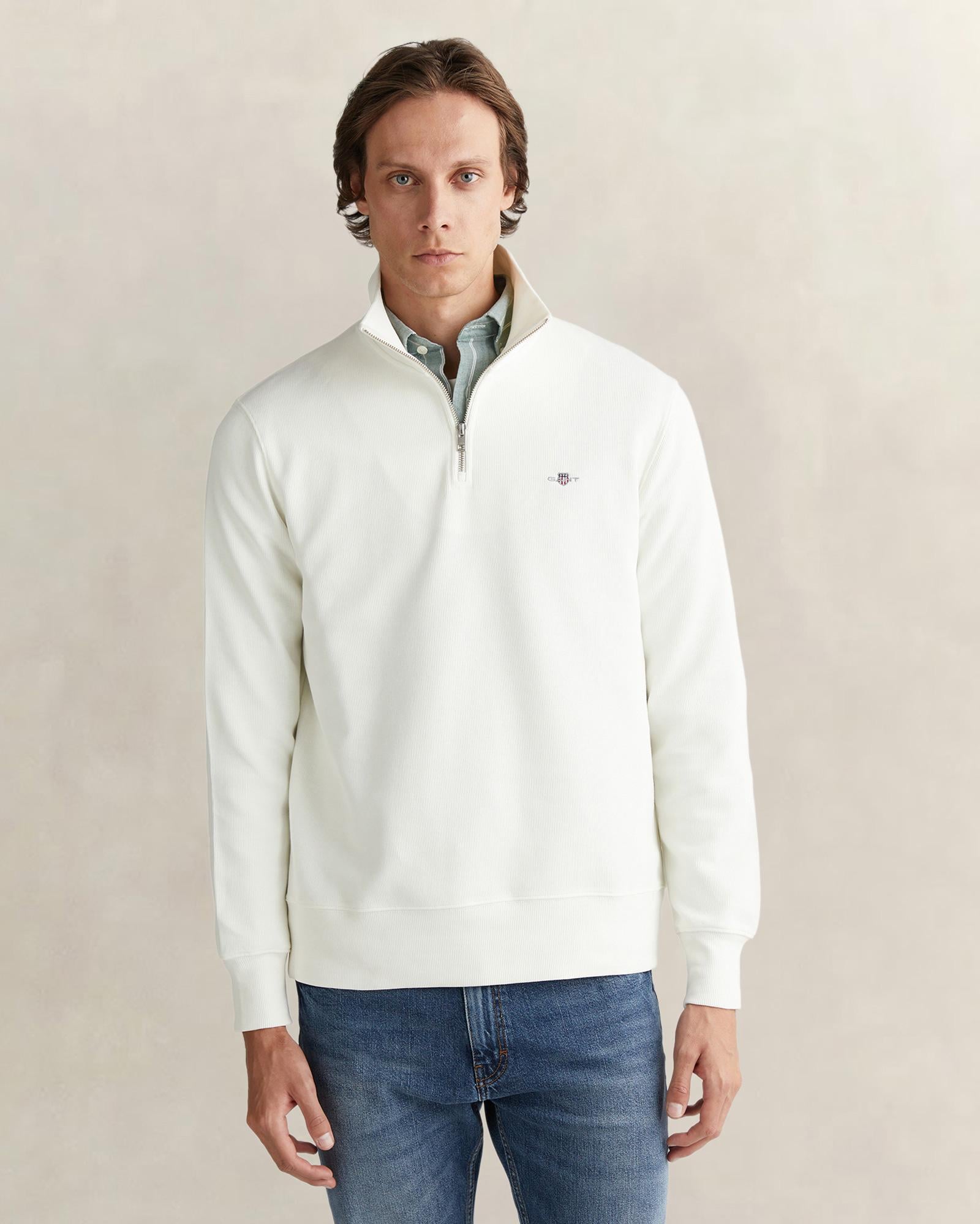 GANT Erkek Beyaz Regular Fit Yarım Fermuarlı Sweatshirt