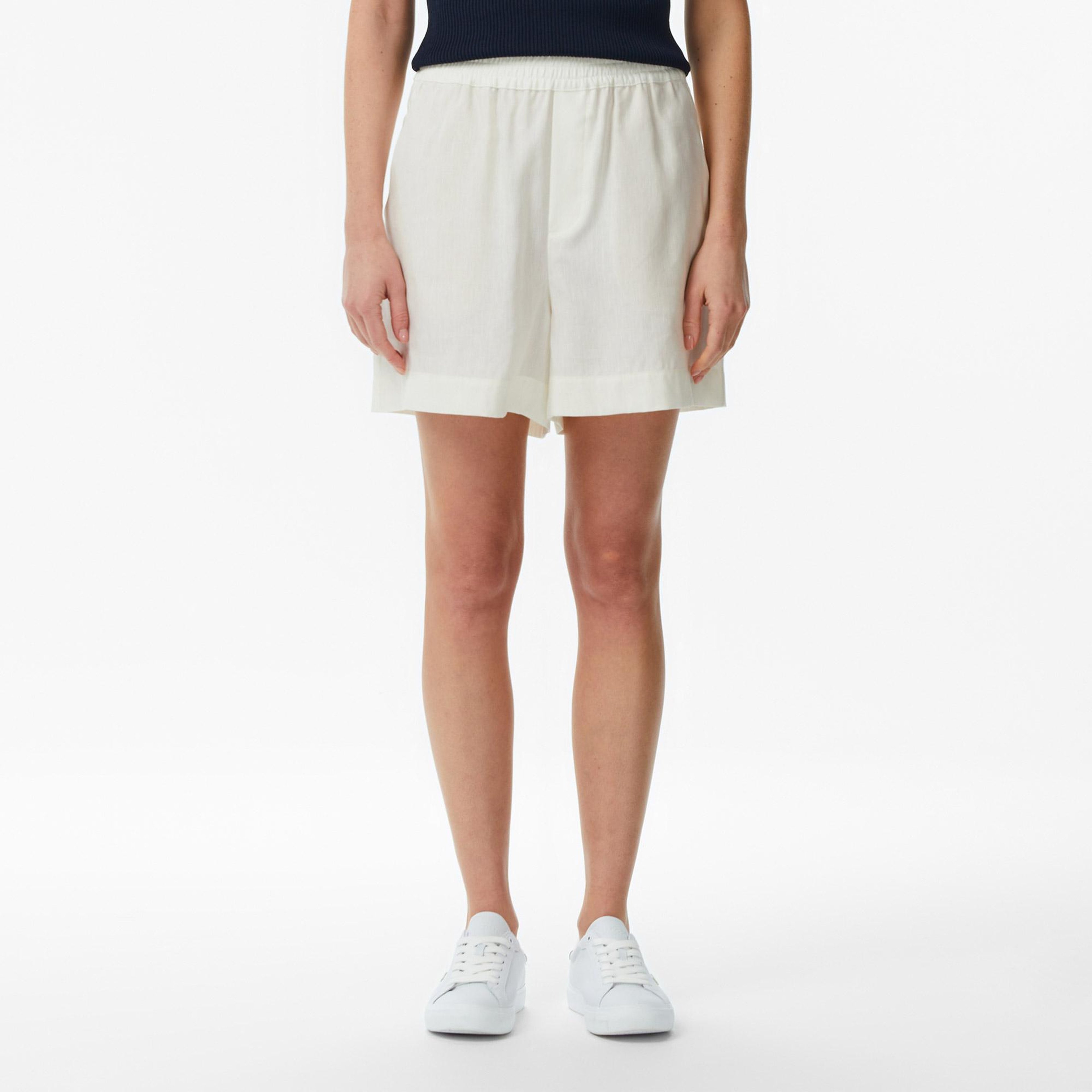 Kadın Relaxed Fit Keten Krem Şort